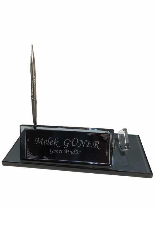 MOOG Black Glass Desk Name Plate With Clock