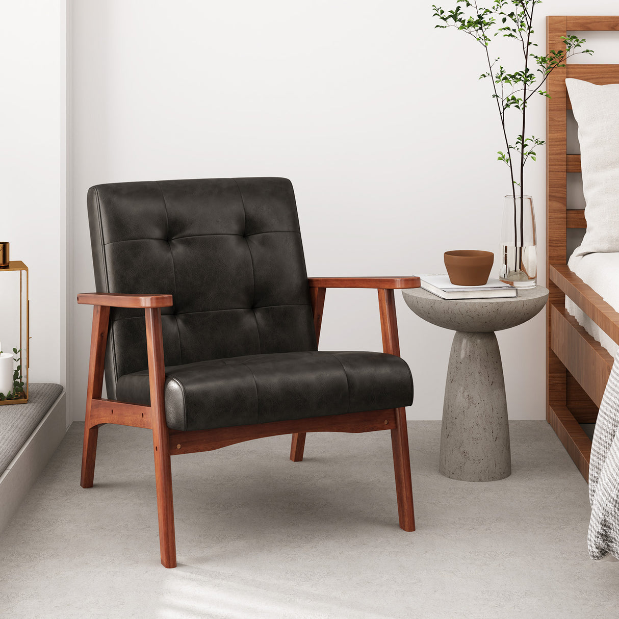 Mid Century Modern Accent Chair with Solid Rubber Wood Frame and Leather Cover