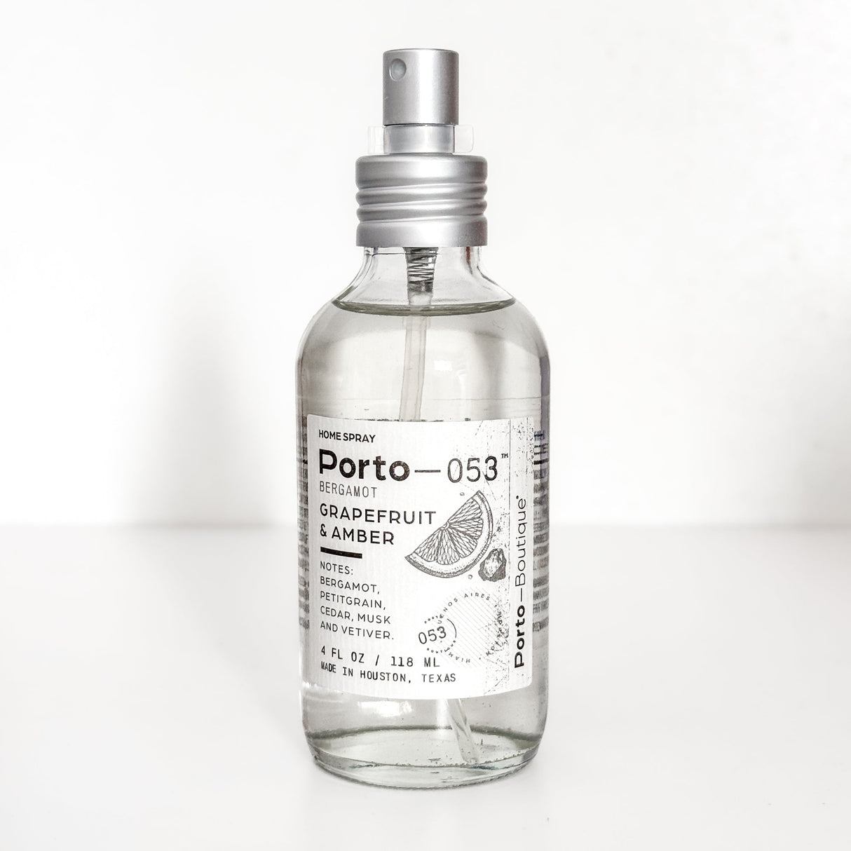 Porto-053 Room Spray – Linen & Fabric Freshener – High Fragrance Concentration – Vegan & Handmade in USA – 4 oz Clear Glass Bottle with decorative box