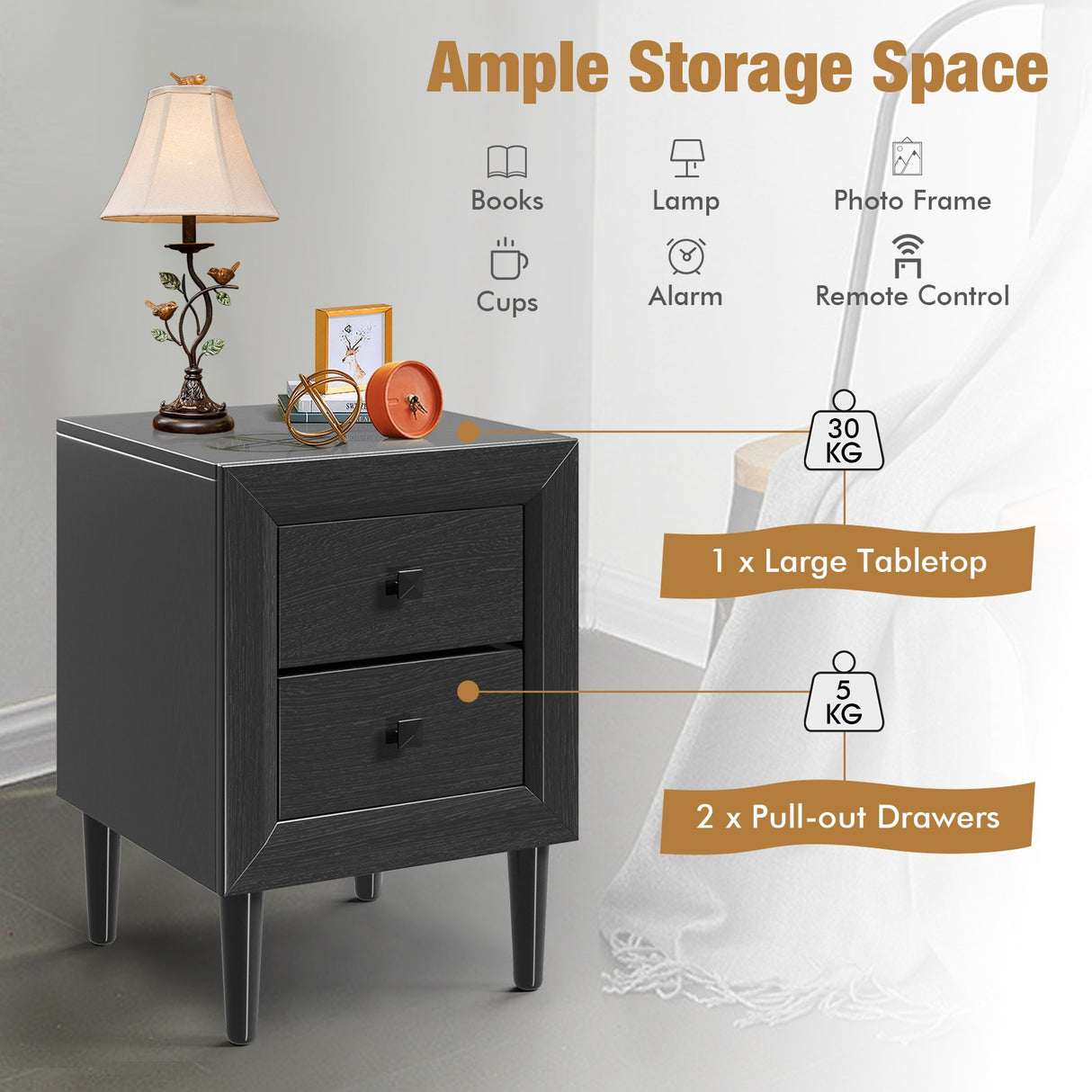 Multipurpose Retro Bedside Nightstand with 2 Drawers