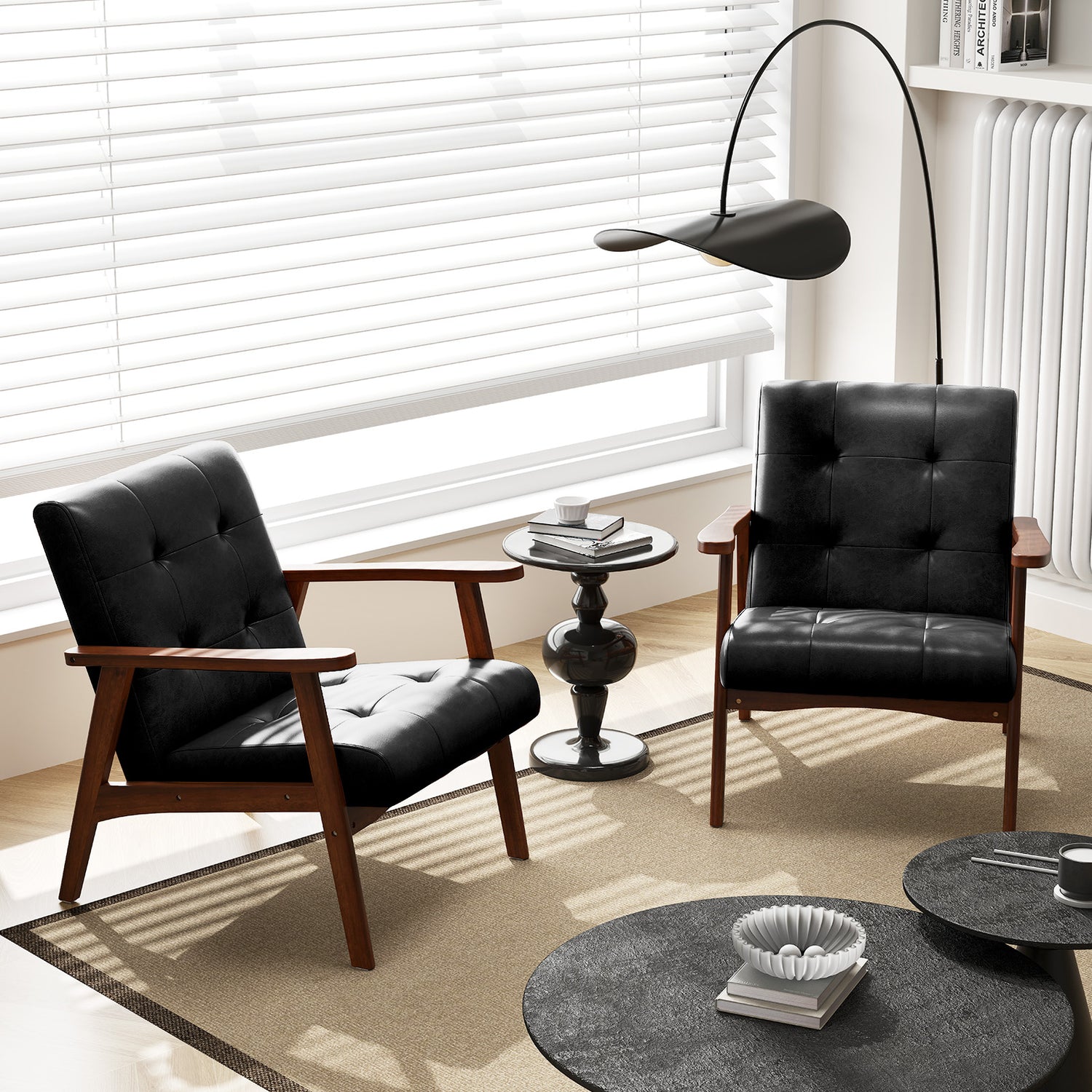 Mid Century Modern Accent Chair with Solid Rubber Wood Frame and Leather Cover