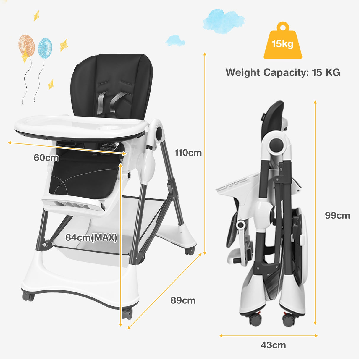 A-Shaped High Chair with 4 Lockable Wheels