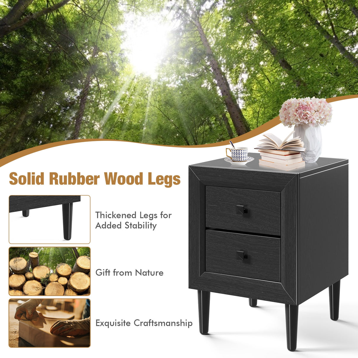 Multipurpose Retro Bedside Nightstand with 2 Drawers