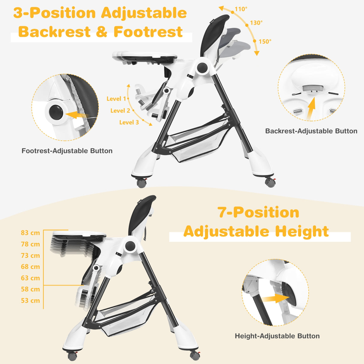 A-Shaped High Chair with 4 Lockable Wheels