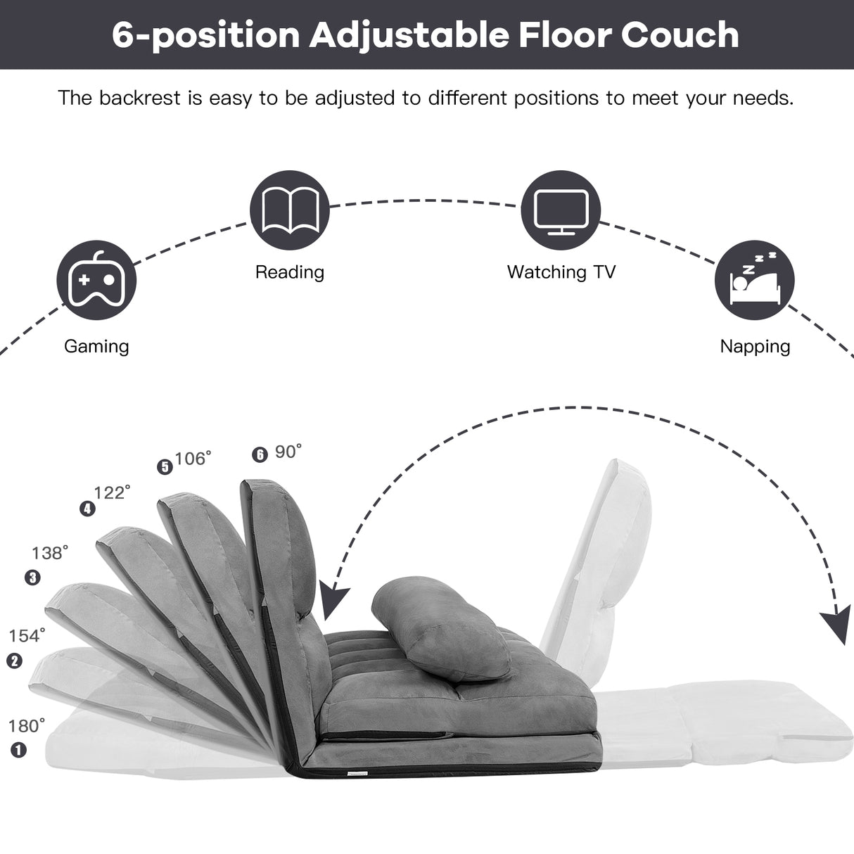 6-Position Foldable Floor Sofa Bed with Detachable Cloth Cover