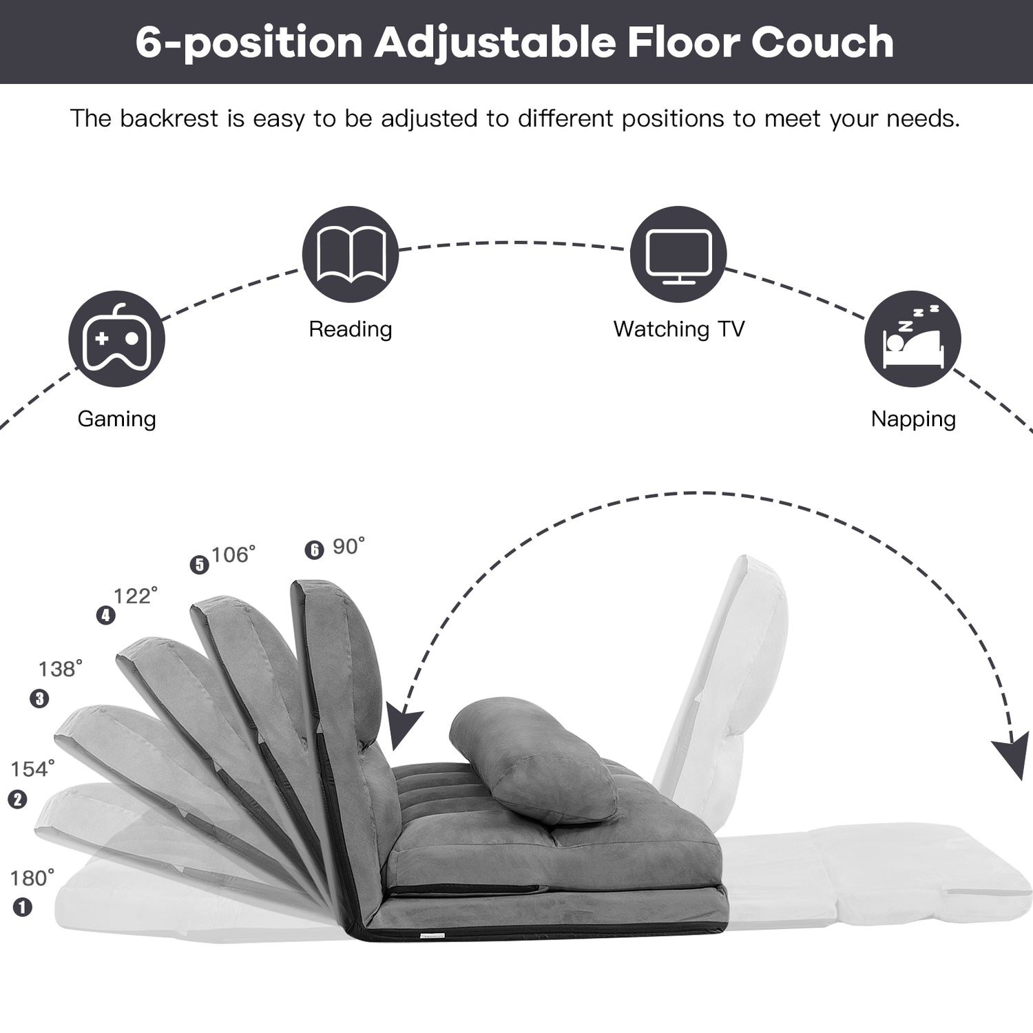 6-Position Foldable Floor Sofa Bed with Detachable Cloth Cover