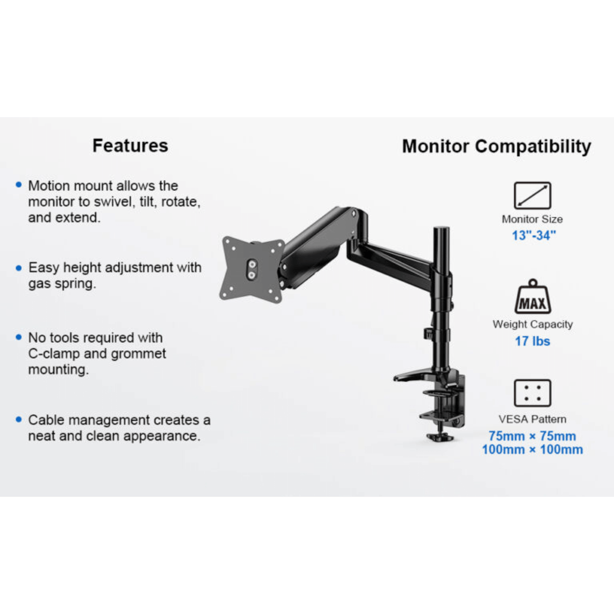 ErgoAV Gas Spring Desk Mount for Single Monitors 13" to 34" and up to 17lbs