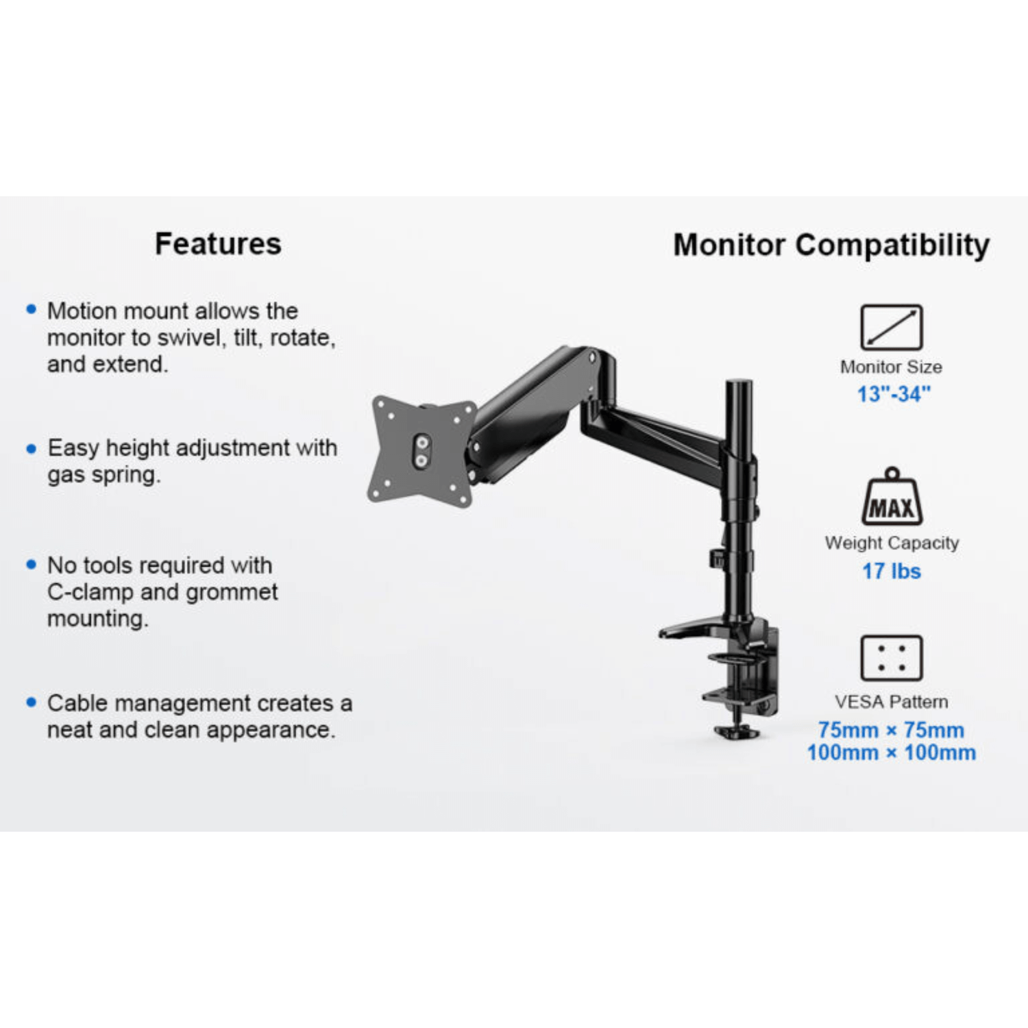 ErgoAV Gas Spring Desk Mount for Single Monitors 13" to 34" and up to 17lbs