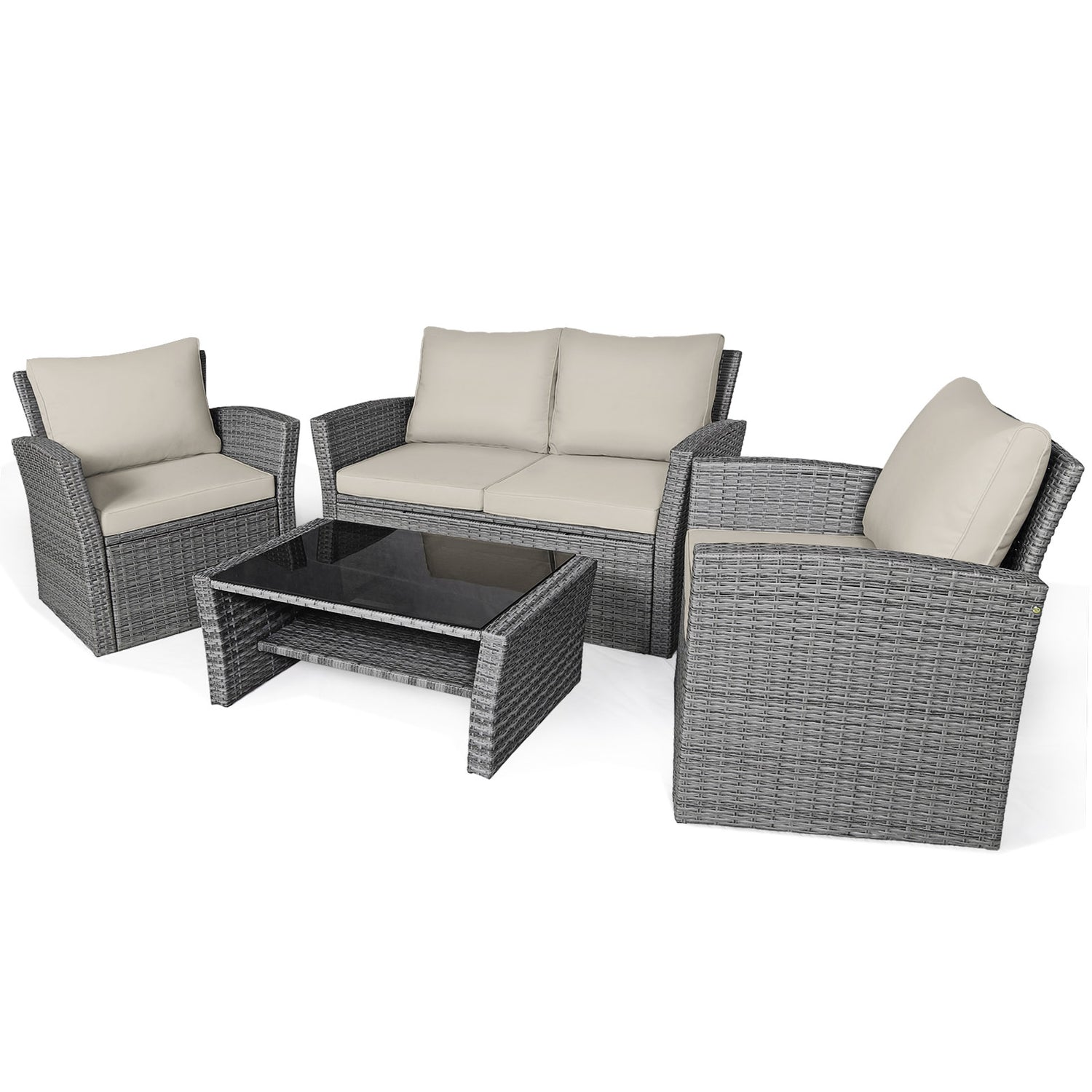 4 Pieces Patio Rattan Furniture Set Sofa Table with Storage Shelf Cushion
