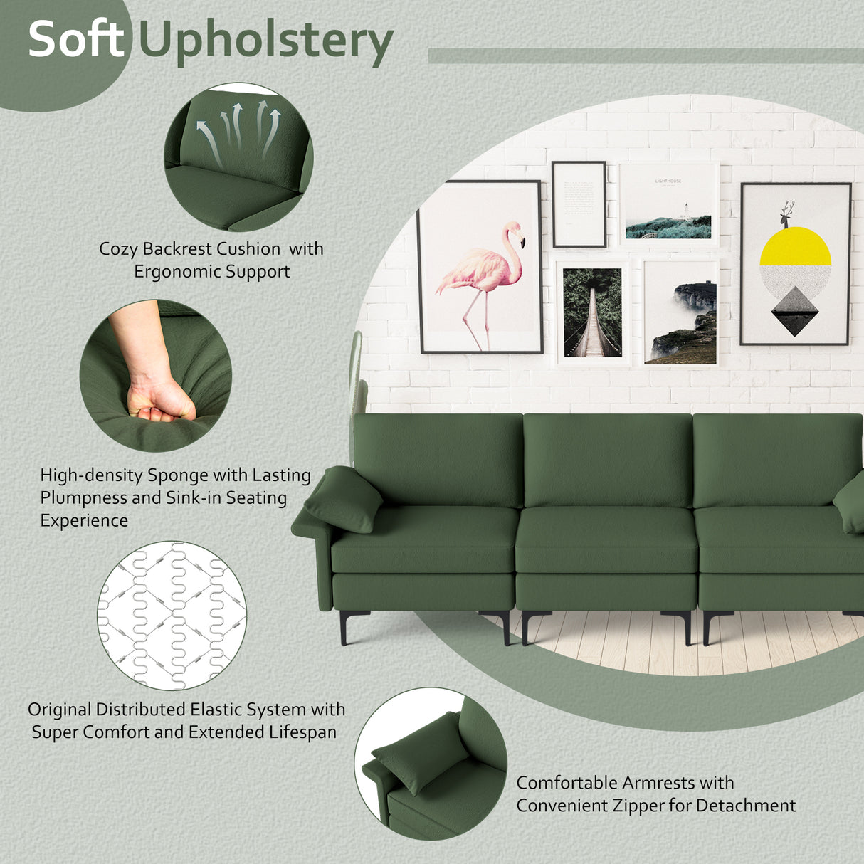 Large 3-Seat Sofa Sectional with Metal Legs and 2 USB Ports for 3-4 people
