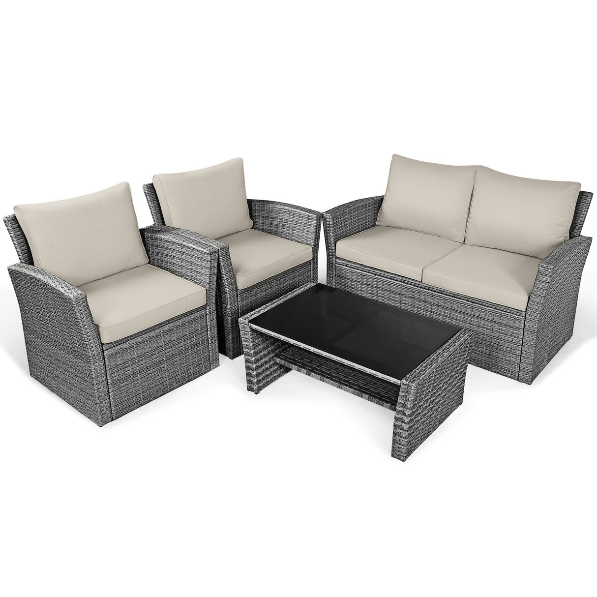 4 Pieces Patio Rattan Furniture Set Sofa Table with Storage Shelf Cushion