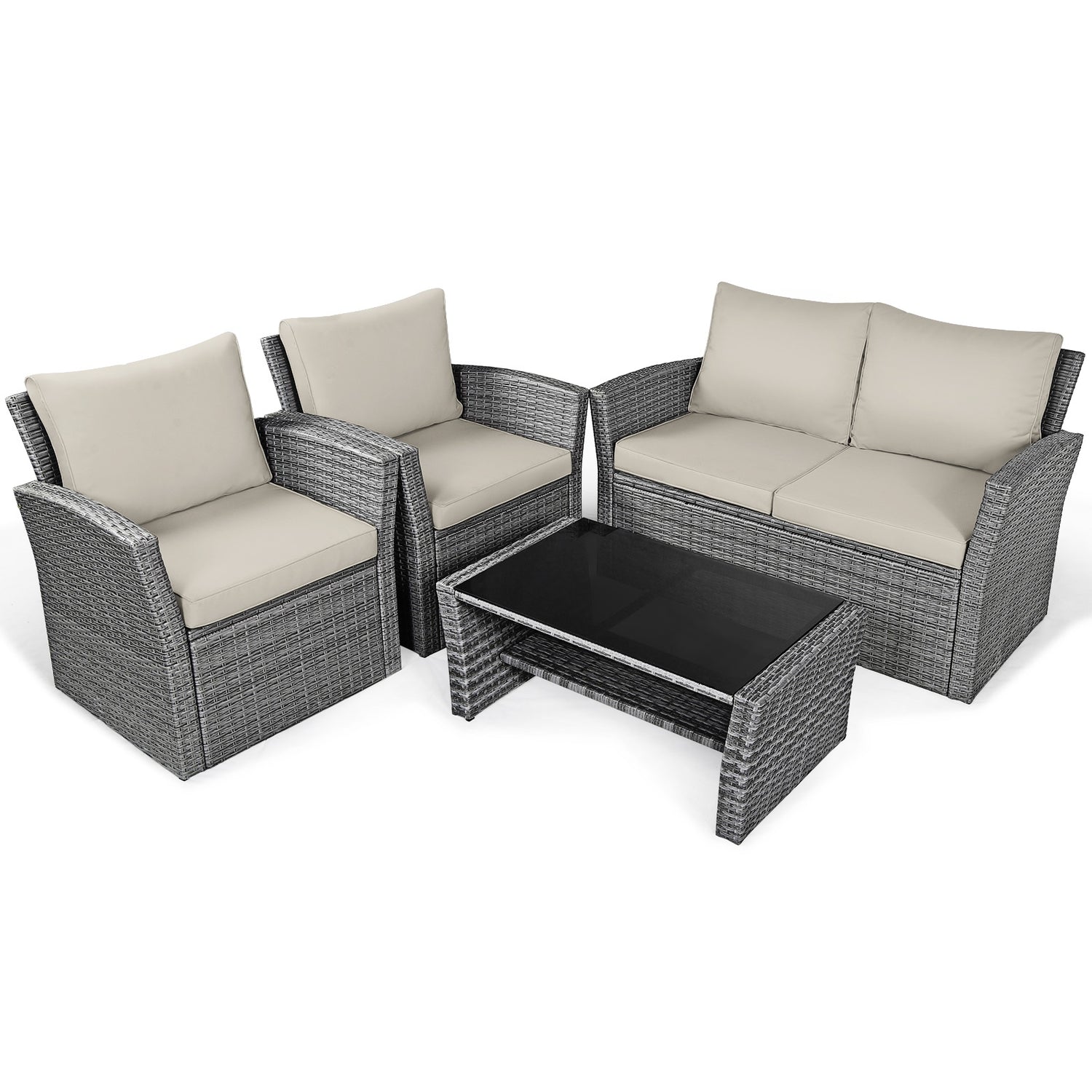4 Pieces Patio Rattan Furniture Set Sofa Table with Storage Shelf Cushion