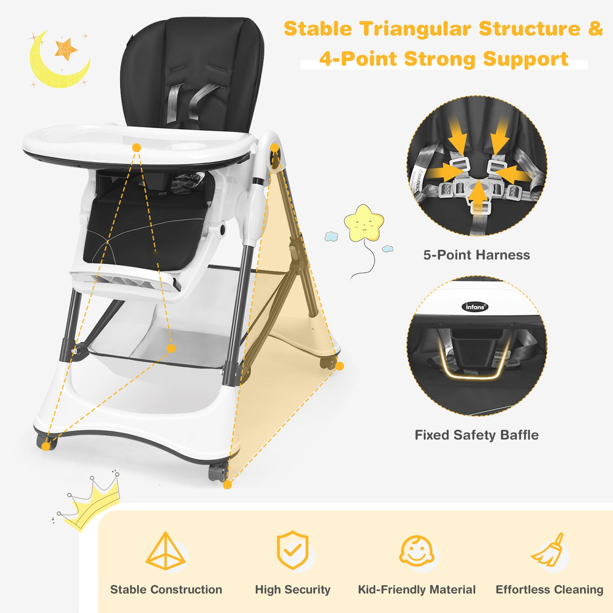 A-Shaped High Chair with 4 Lockable Wheels