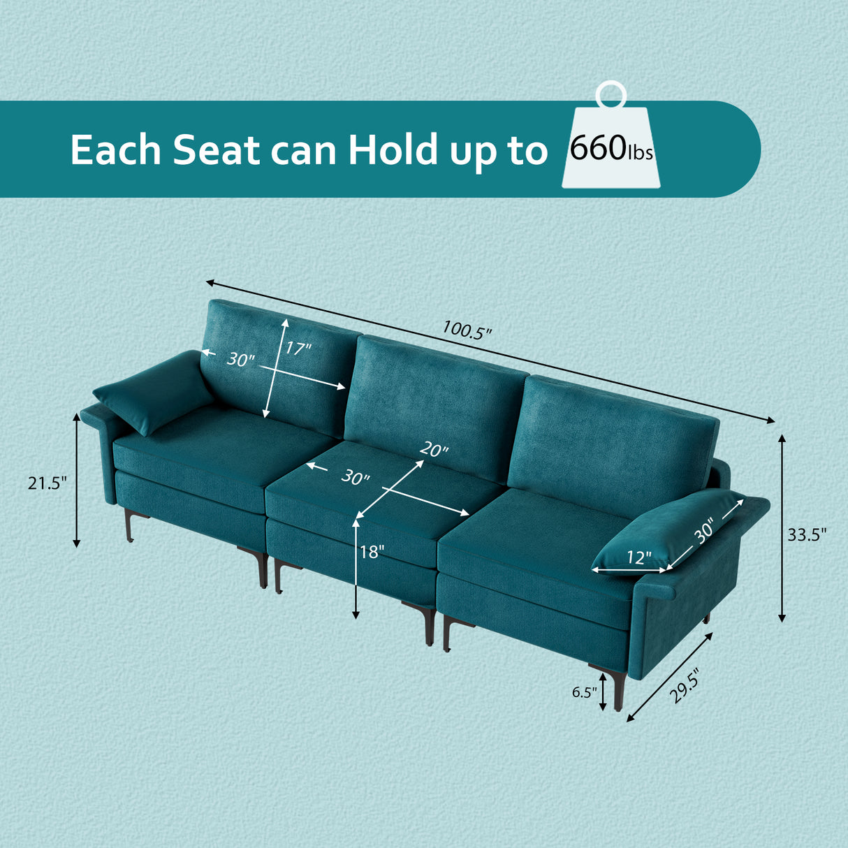 Large 3-Seat Sofa Sectional with Metal Legs and 2 USB Ports for 3-4 people