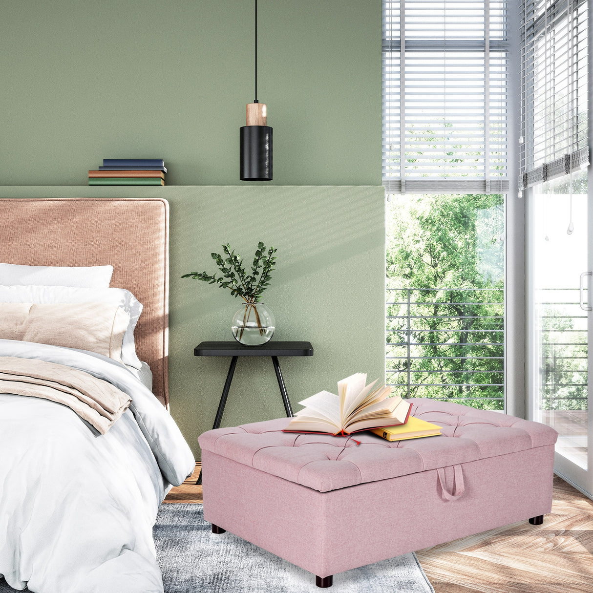 Folding Ottoman Sleeper Bed with Mattress for Guest Bed and Office Nap-Pink