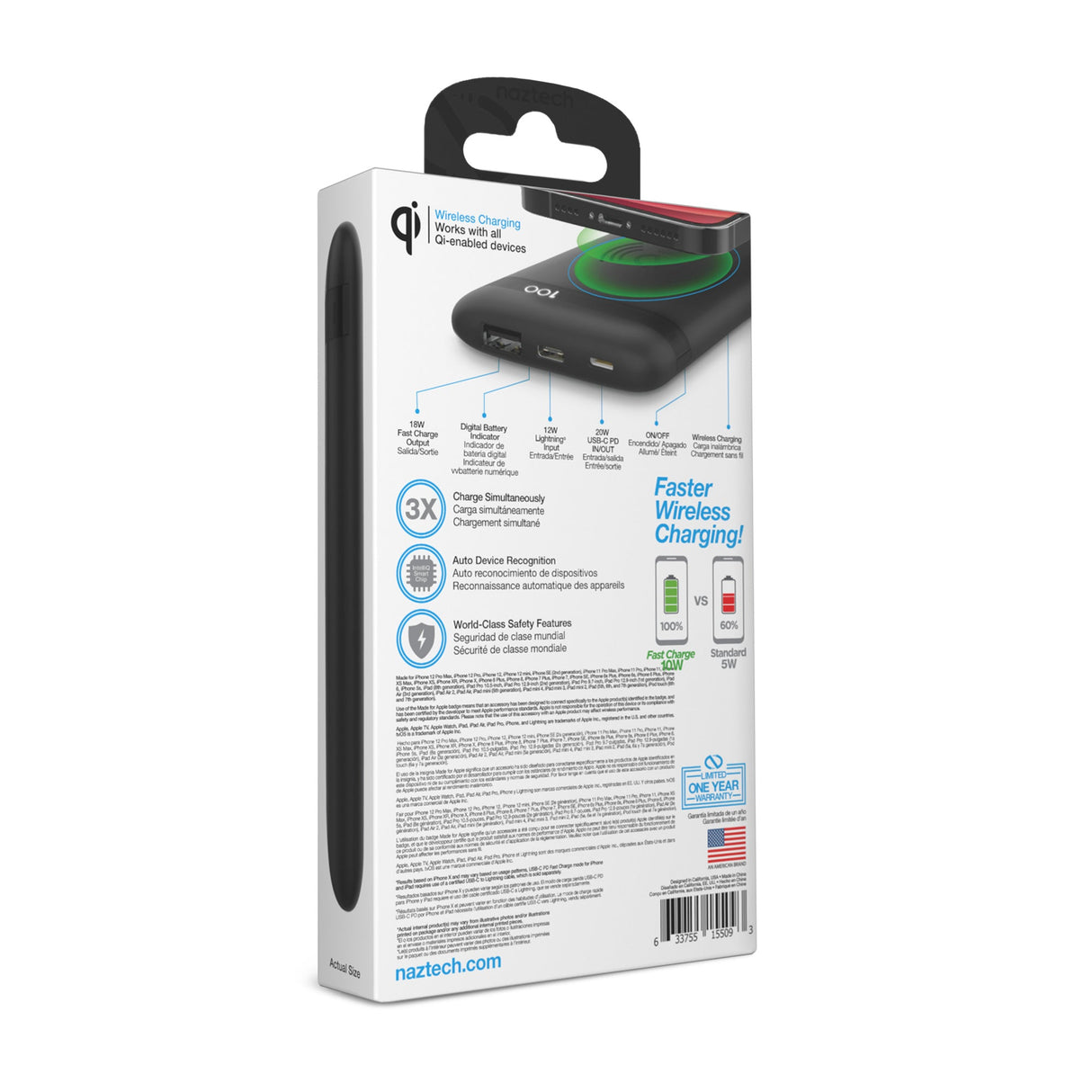 Naztech PowerBolt PD Wireless Power Bank with MFI Input