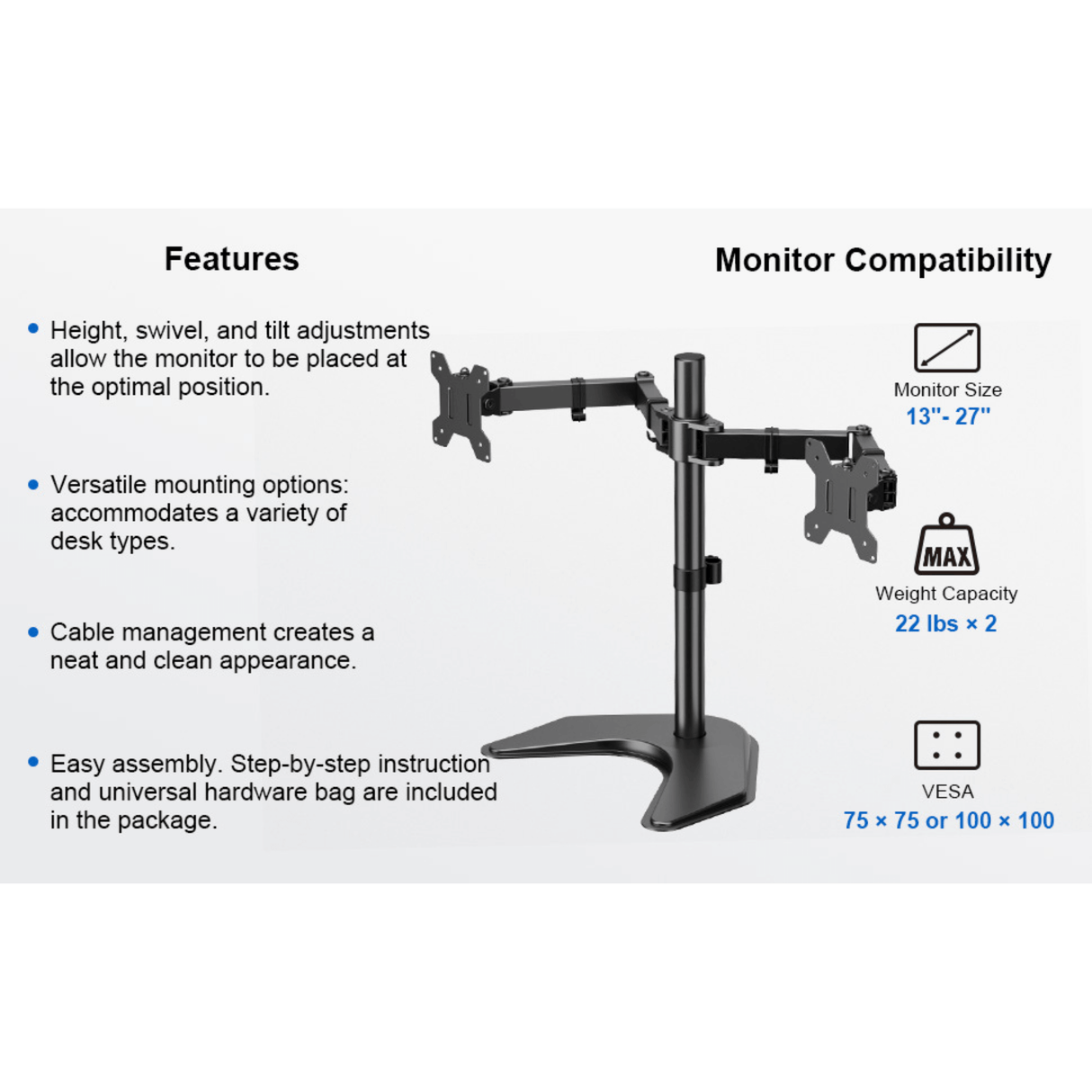 ErgoAV Motion Desk Stand for Dual Monitors 13" to 27" up to 22lbs