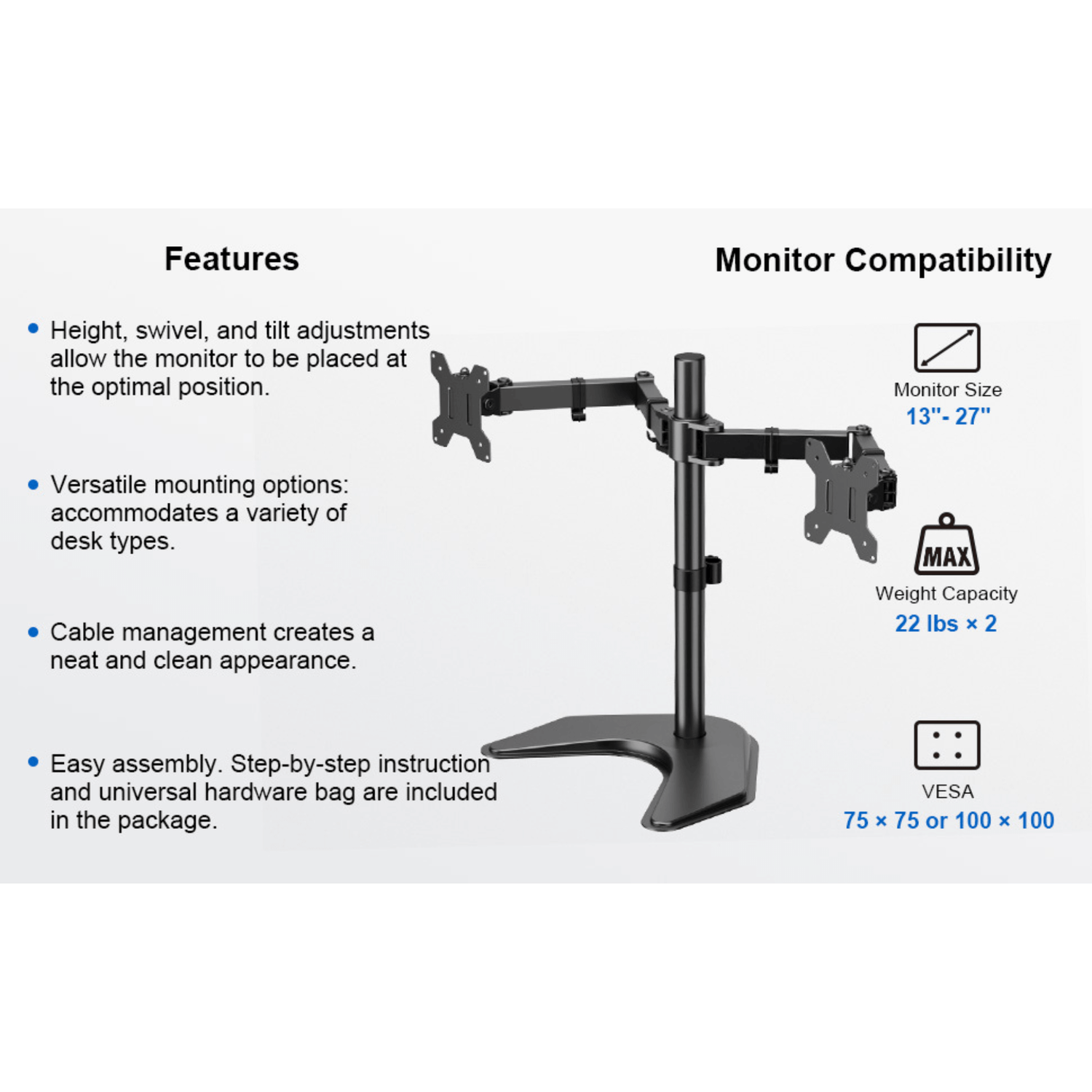 ErgoAV Motion Desk Stand for Dual Monitors 13" to 27" up to 22lbs