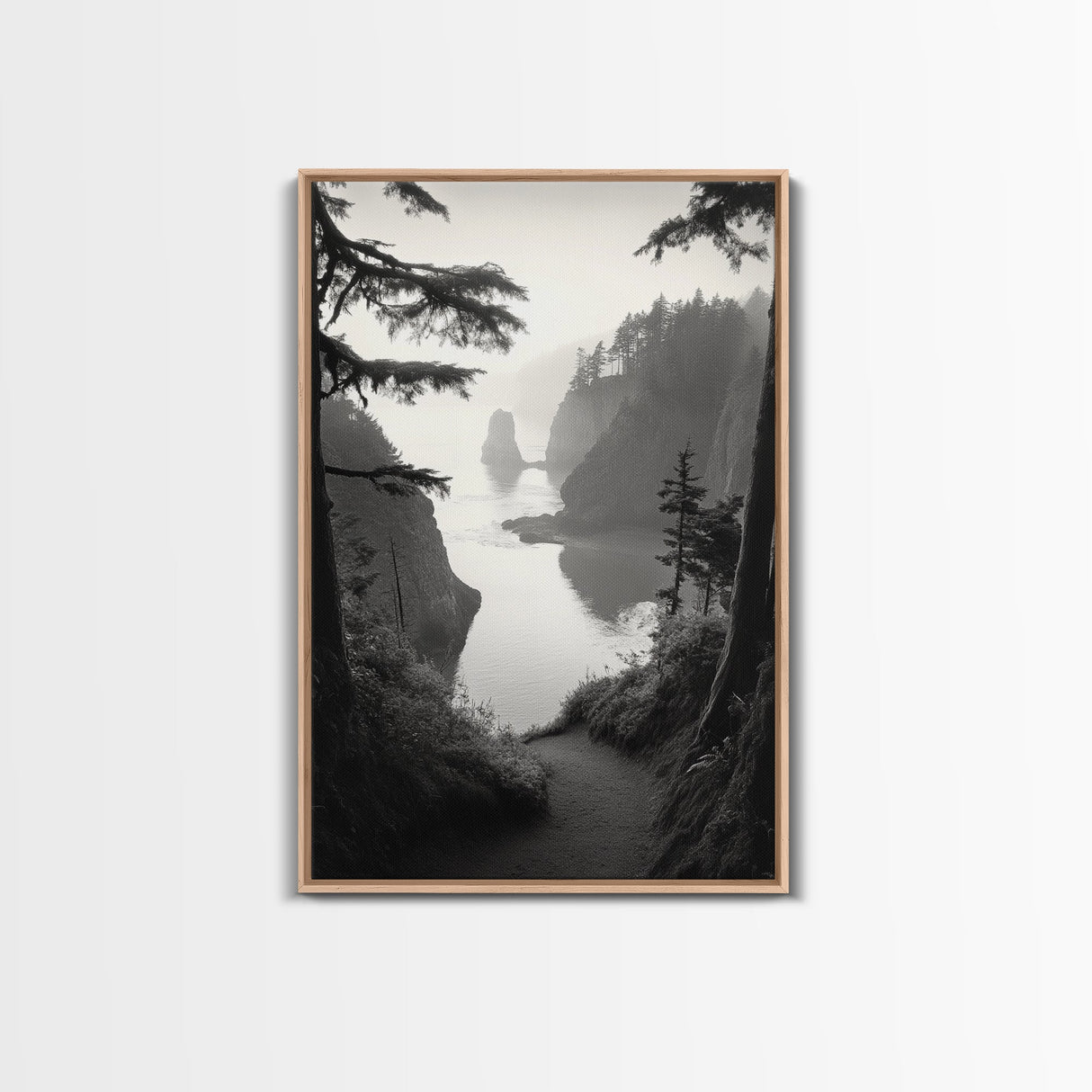 Forest Cliffs, Ocean Pathway, Misty Coast, Woodland Escape, Framed Canvas Print, Cabin Wall Art, Nature Trail Aesthetic, Autumn Mood Art
