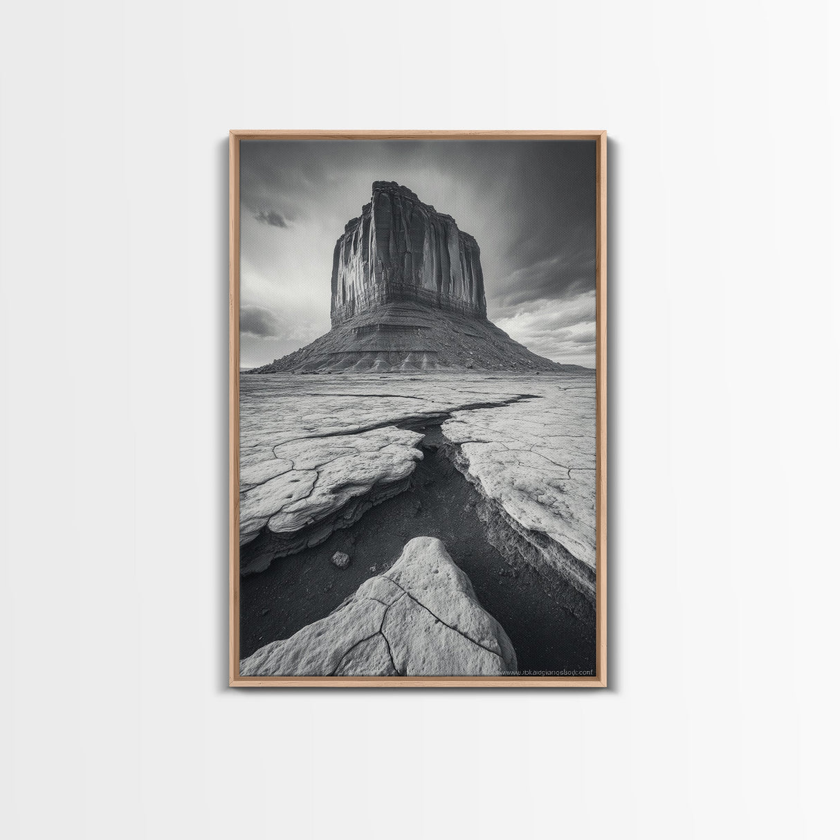 Monument Valley Cliff, Desert Rockscape, Framed Canvas Print, Western Wall Art, Office Decor, Black and White Photography