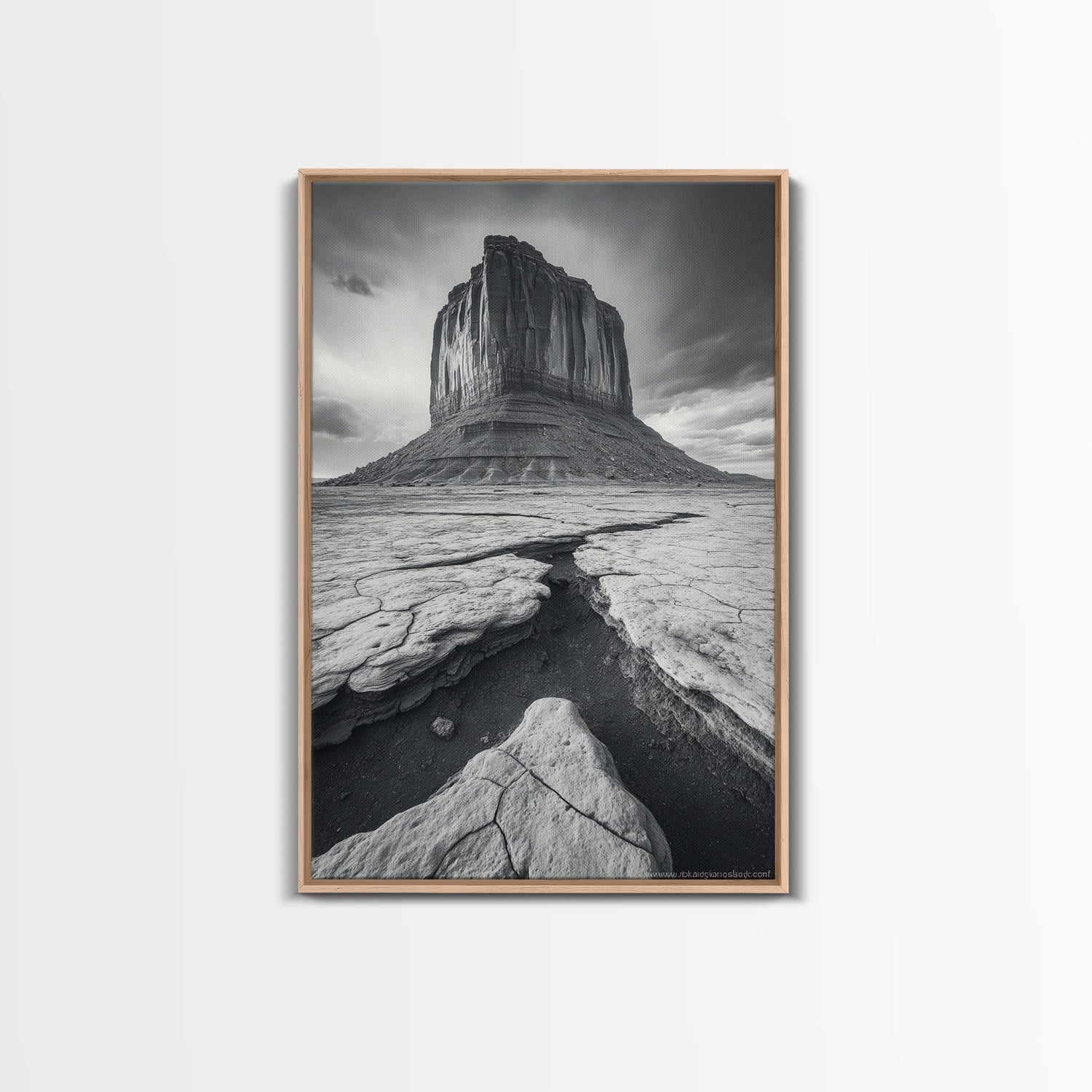 Monument Valley Cliff, Desert Rockscape, Framed Canvas Print, Western Wall Art, Office Decor, Black and White Photography