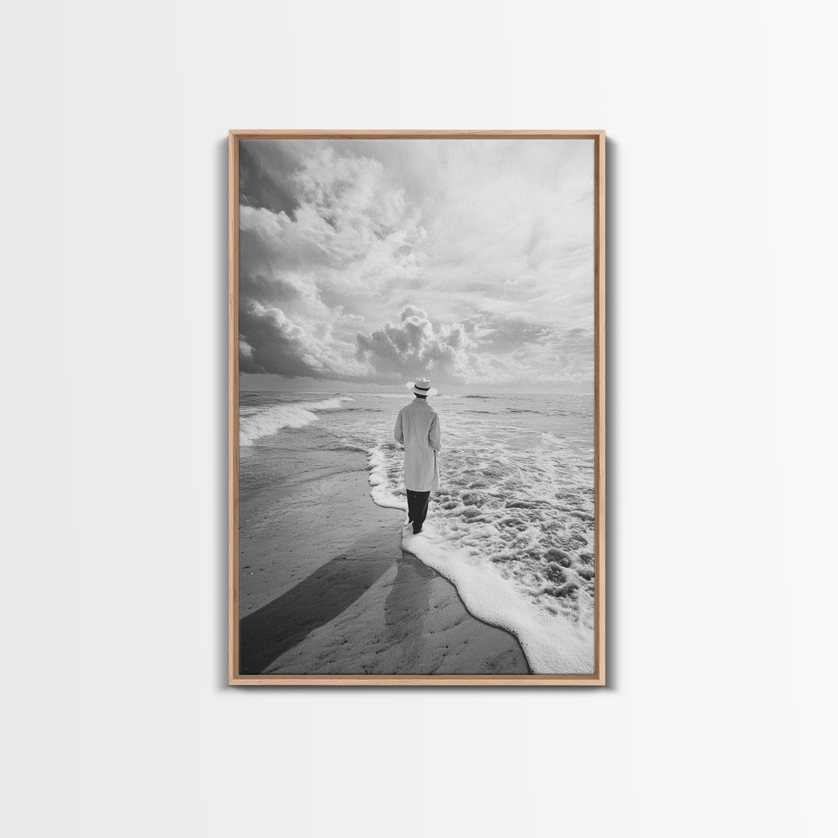 Man On Shore, Thoughtful Walk, Ocean Wanderer, Framed Canvas Print, Minimalist Fall Art, Bedroom Decor, Moody Coastal Scene