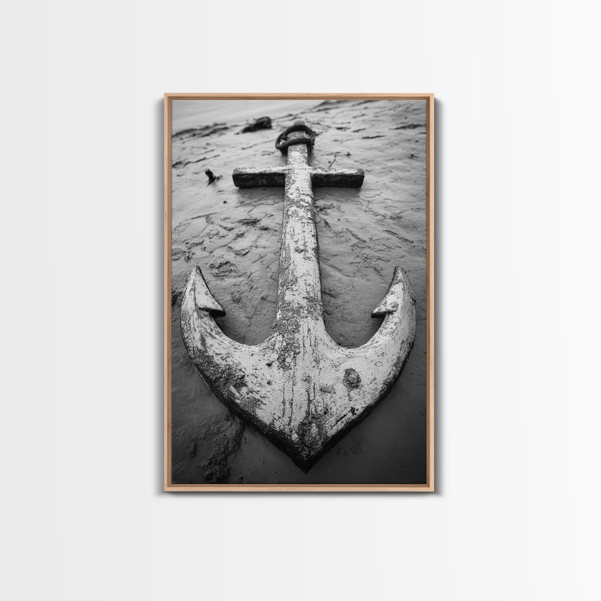 Abandoned Anchor, Nautical Decor, Black White Beach, Framed Canvas Print, Rustic Coastal Wall Art, Entryway Nautical Accent