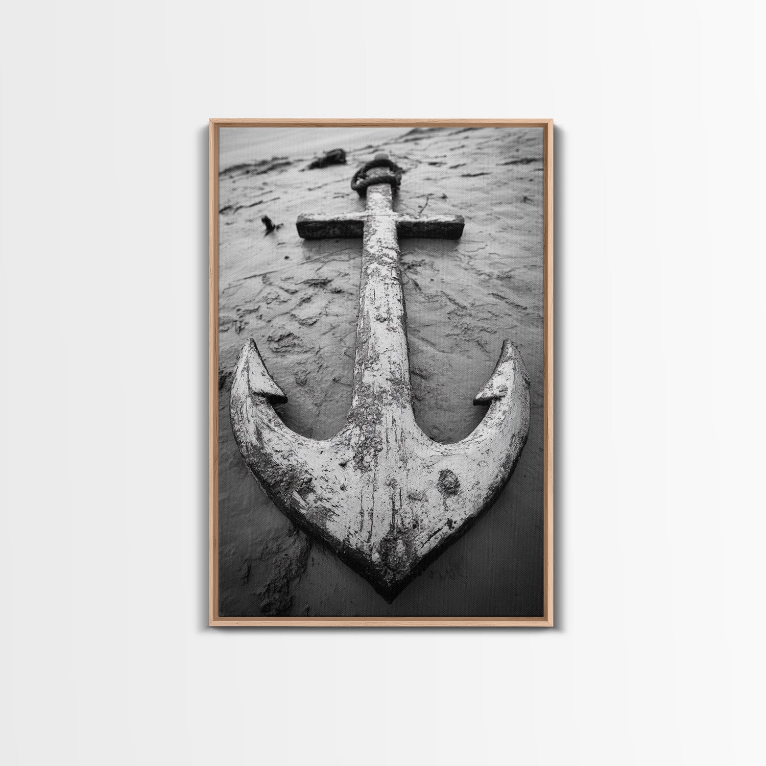 Abandoned Anchor, Nautical Decor, Black White Beach, Framed Canvas Print, Rustic Coastal Wall Art, Entryway Nautical Accent