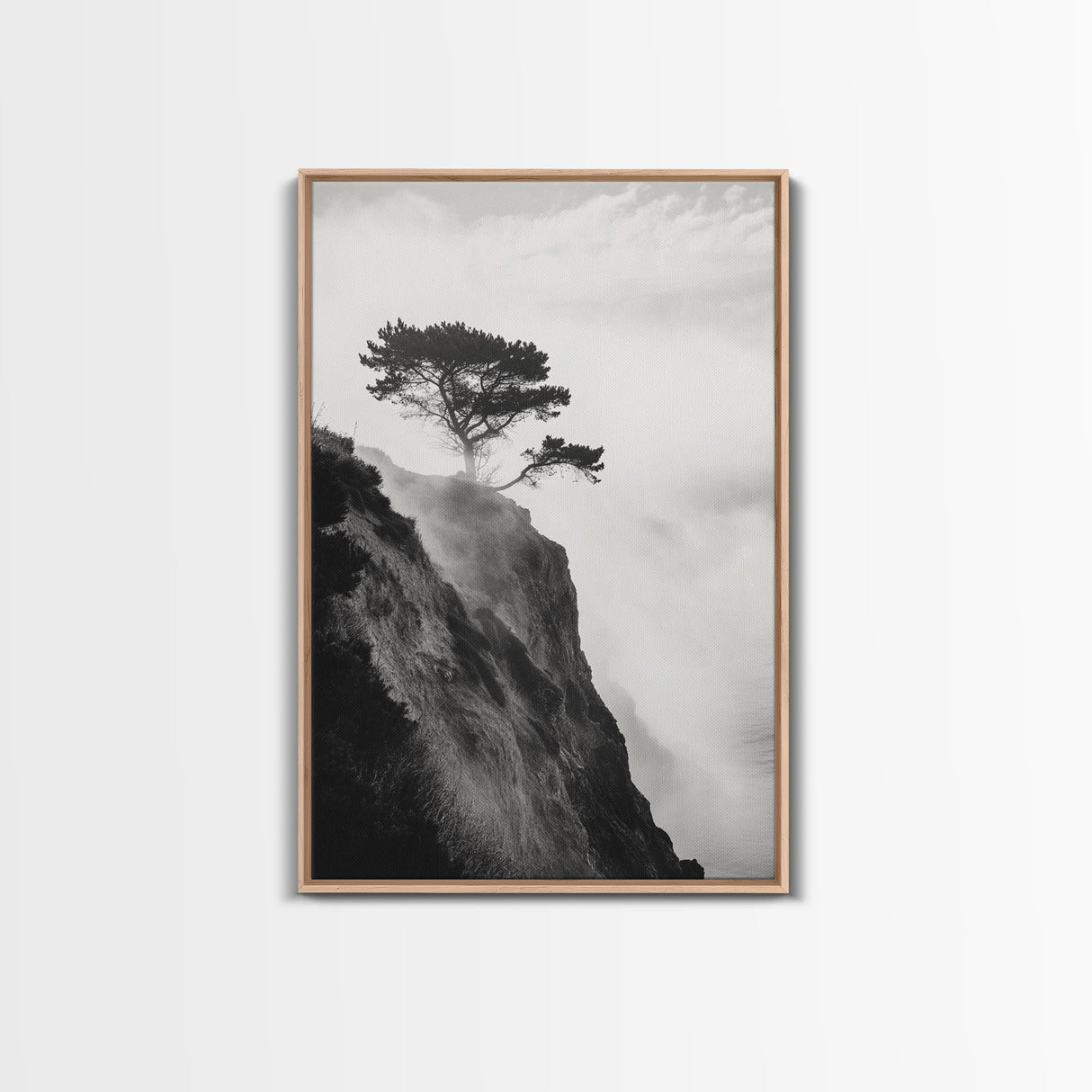 Lone Cliff Tree, Foggy Landscape, Nature Wall Decor, Framed Canvas Print, Minimalist Tree Art, Tranquil Living Room Wall Art