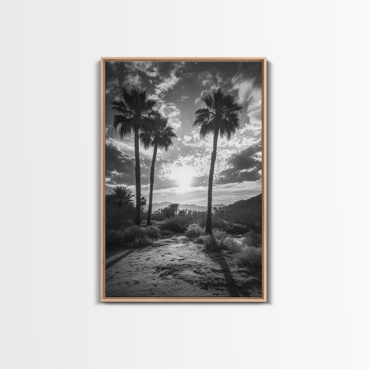 Palm Sunset, Desert Light, Silhouetted Trees, Framed Canvas Print, Tropical Boho Wall Art, Sunset Living Room Decor, Moody Nature Style