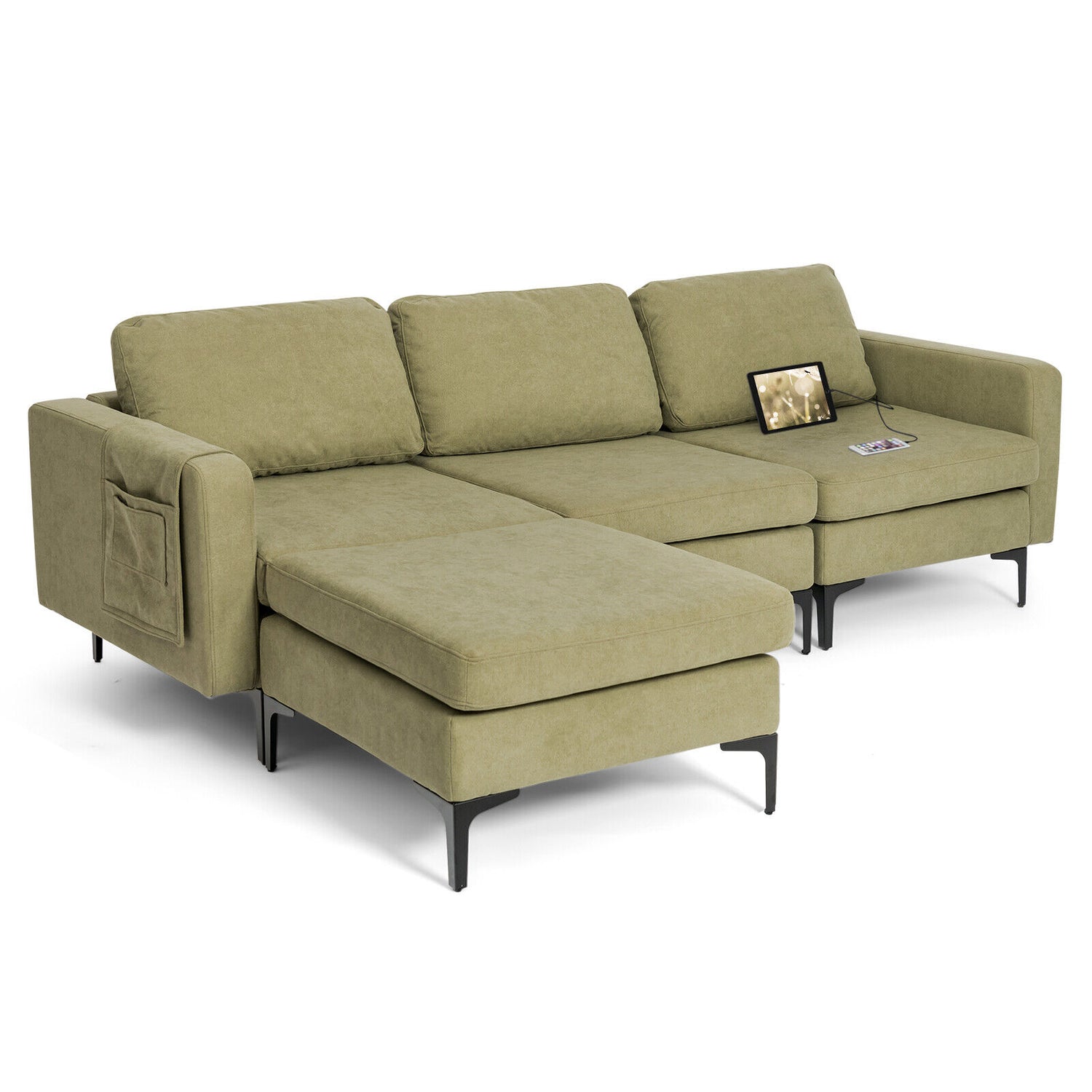 Modular 3-Seat L-shaped Sectional Sofa with Reversible Chaise and 2 USB Ports
