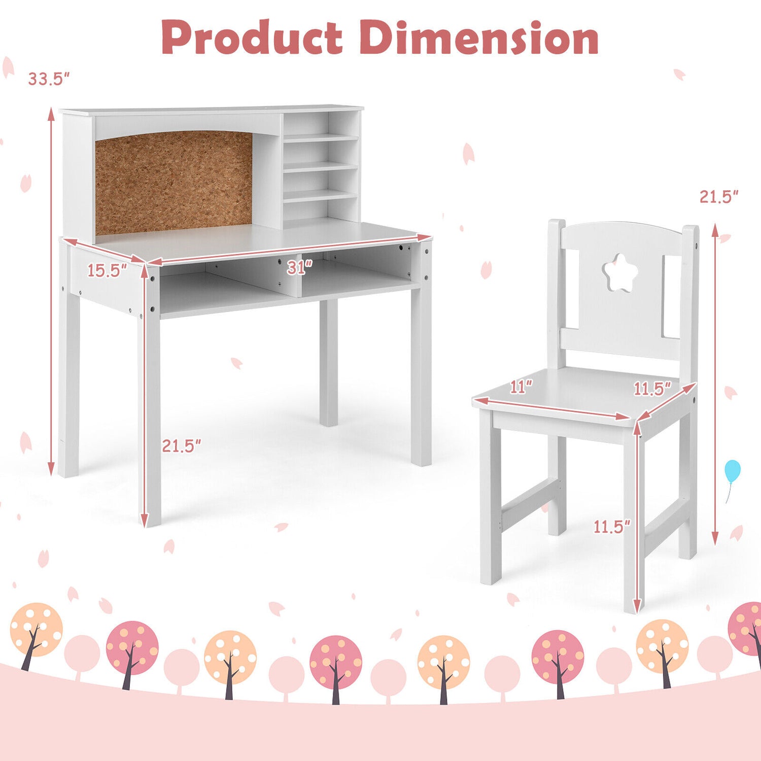 Kids Desk and Chair Set with Hutch and Bulletin Board for 3+ Kids