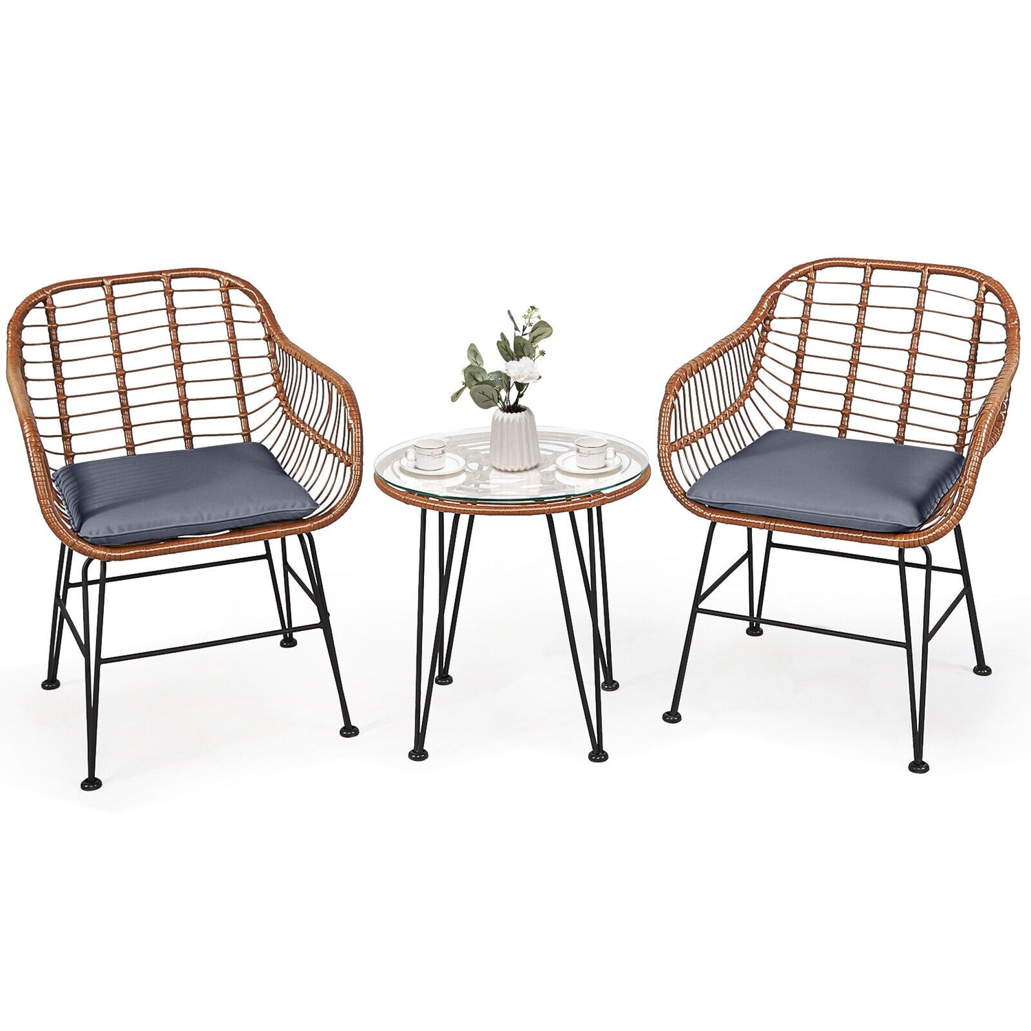 3 Pieces Patio Rattan Bistro Set with Cushion