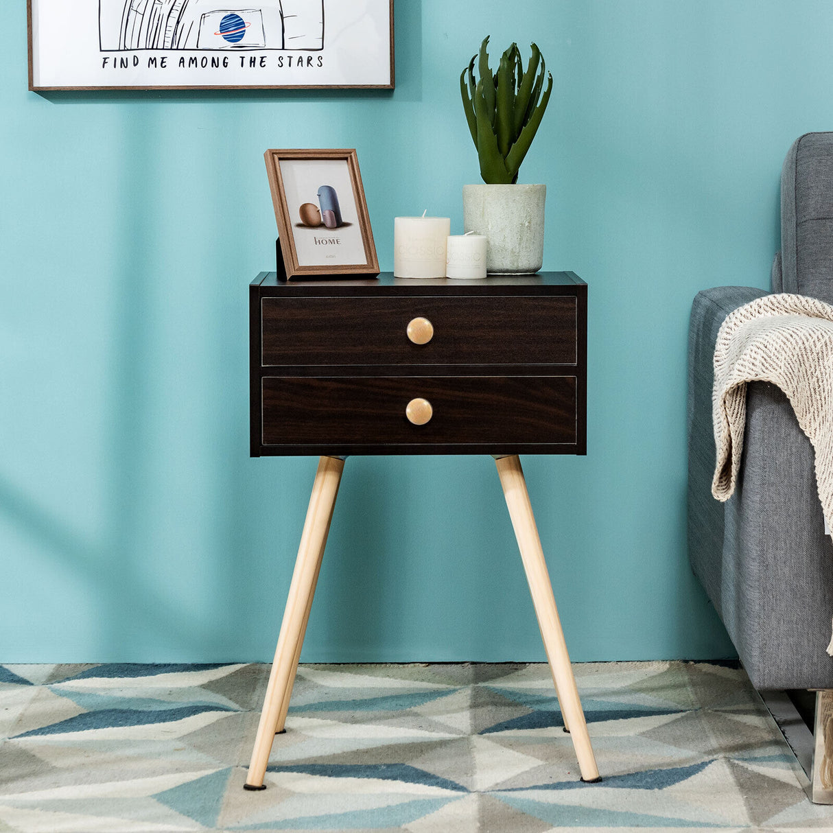 Modern Nightstand Bedside Table Mid Century with 2 Drawers