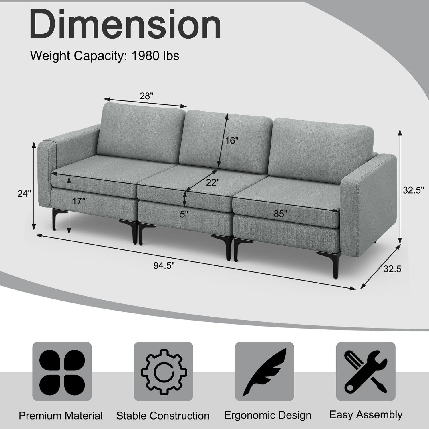 Convertible Leather Sofa Couch with Magazine Pockets 3-Seat with 2 USB Port