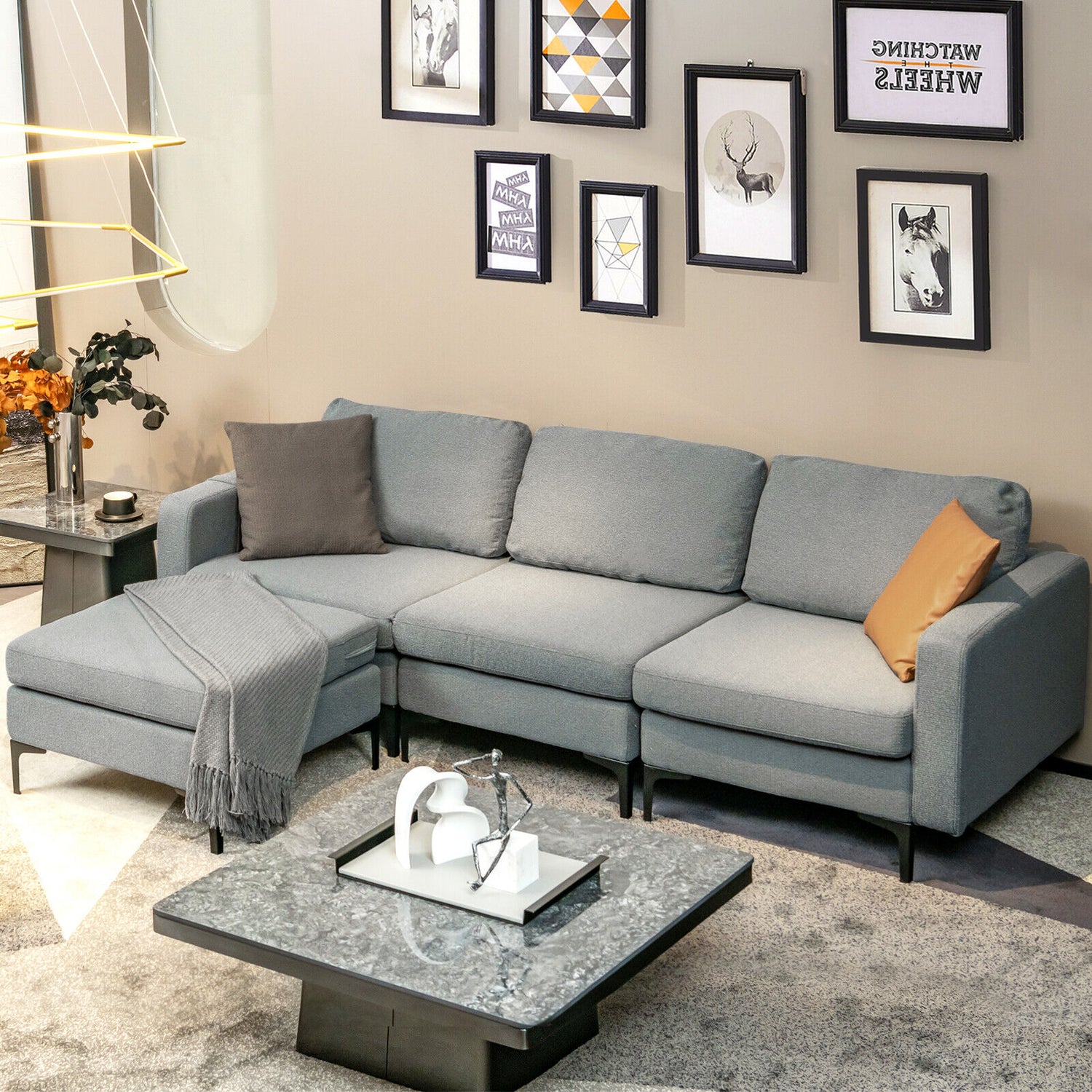 Modular 3-Seat L-shaped Sectional Sofa with Reversible Chaise and 2 USB Ports
