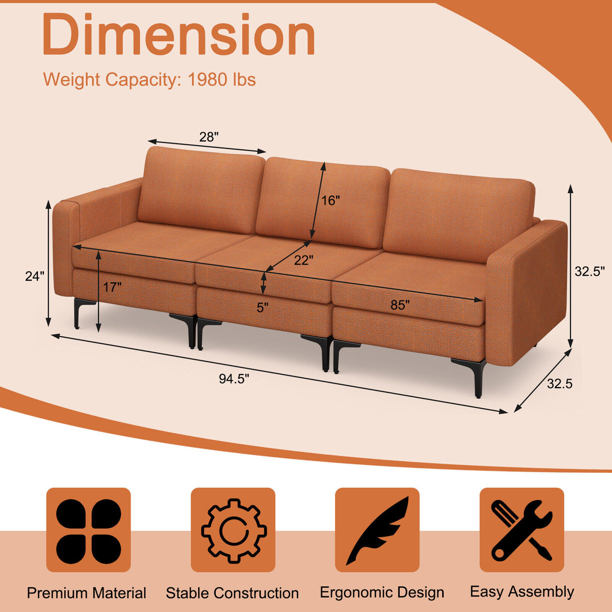 1/2/3/4-Seat Convertible Sectional Sofa with Reversible Ottoman-3