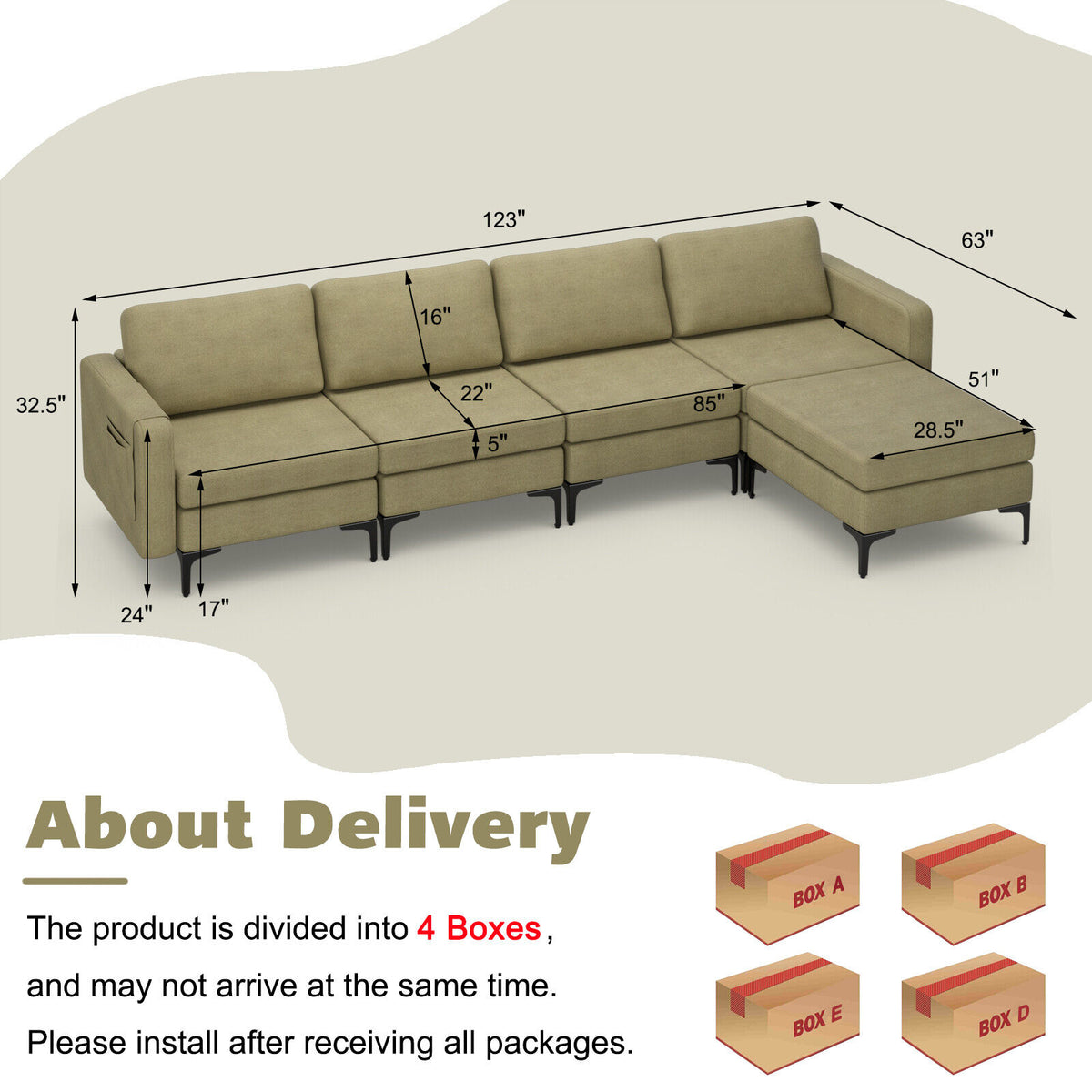 1/2/3/4-Seat Convertible Sectional Sofa with Reversible Ottoman-4-Seat L-shaped with 2 USB Ports