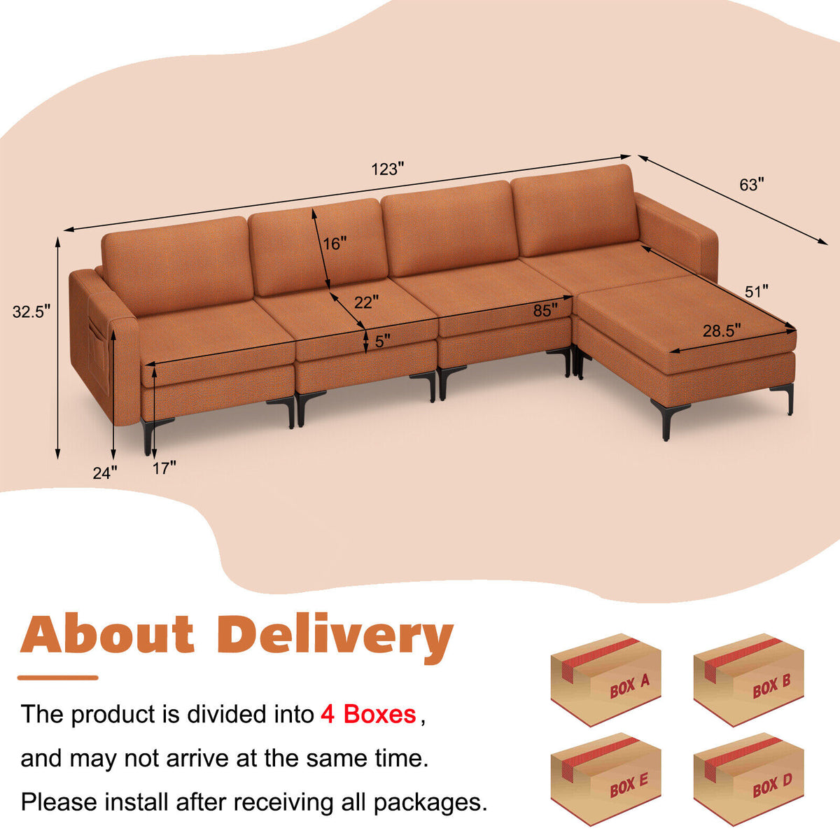 1/2/3/4-Seat Convertible Sectional Sofa with Reversible Ottoman-4-Seat L-shaped with 2 USB Ports