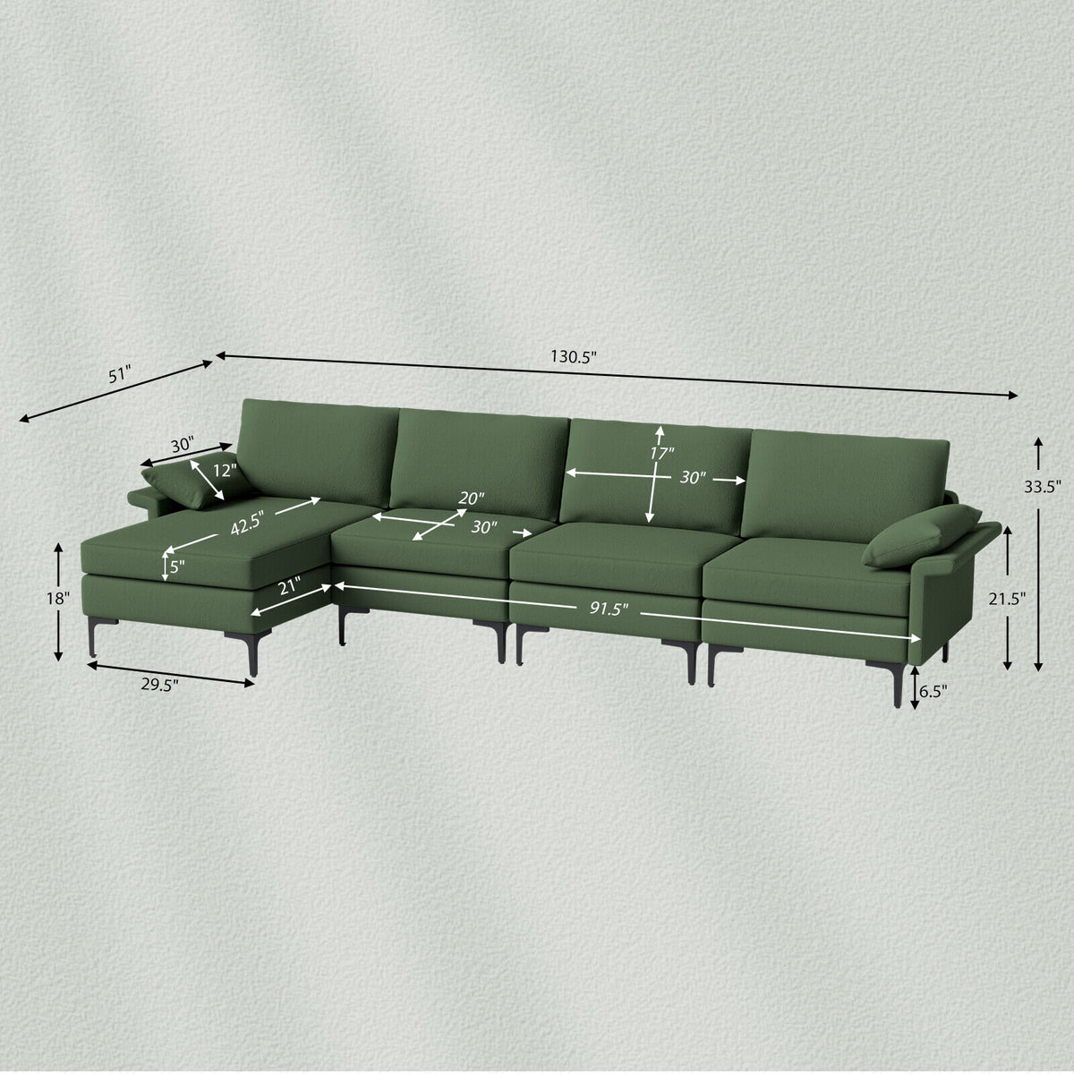 Extra Large L-shaped Sectional Sofa with Reversible Chaise and 2 USB Ports for 4-5 People