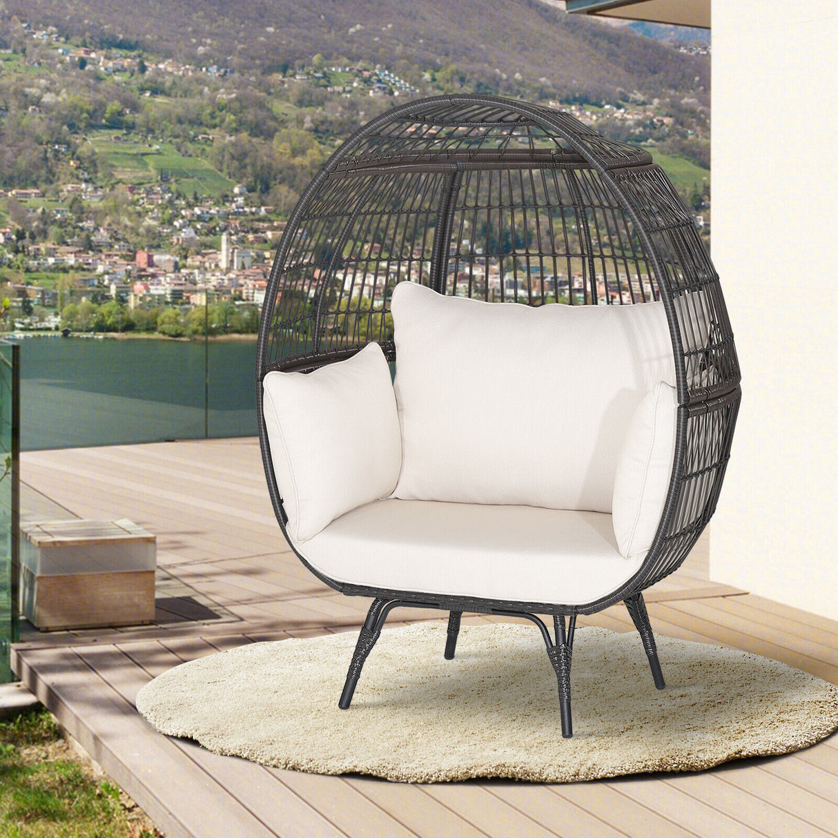 Oversized Patio Rattan Egg Lounge Chair with 4 Cushions