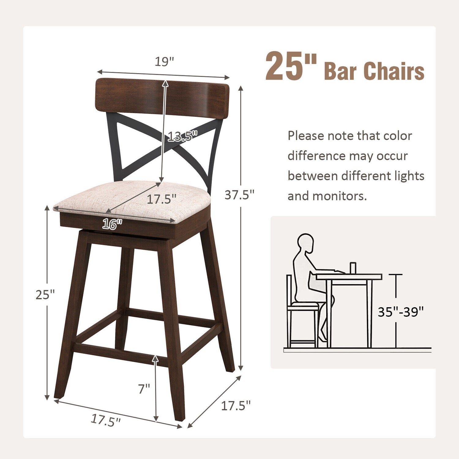 Set of 2 Wooden Swivel Bar Stools with Cushioned Seat and Open X Back-25 Inch