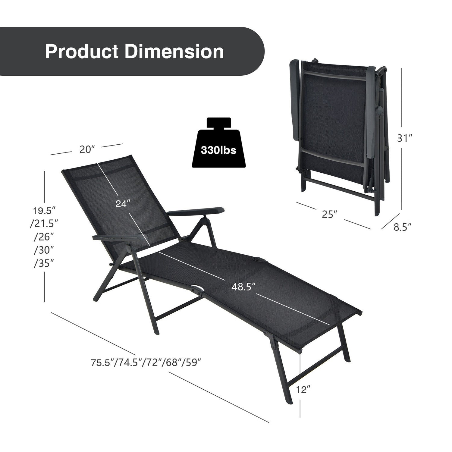2 Pieces Foldable Chaise Lounge Chair with 2-Position Footrest