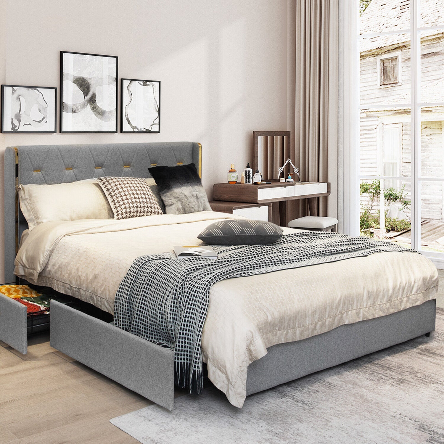 Full/Queen Size Upholstered Bed Frame with 4 Drawers-Silver-Full Size