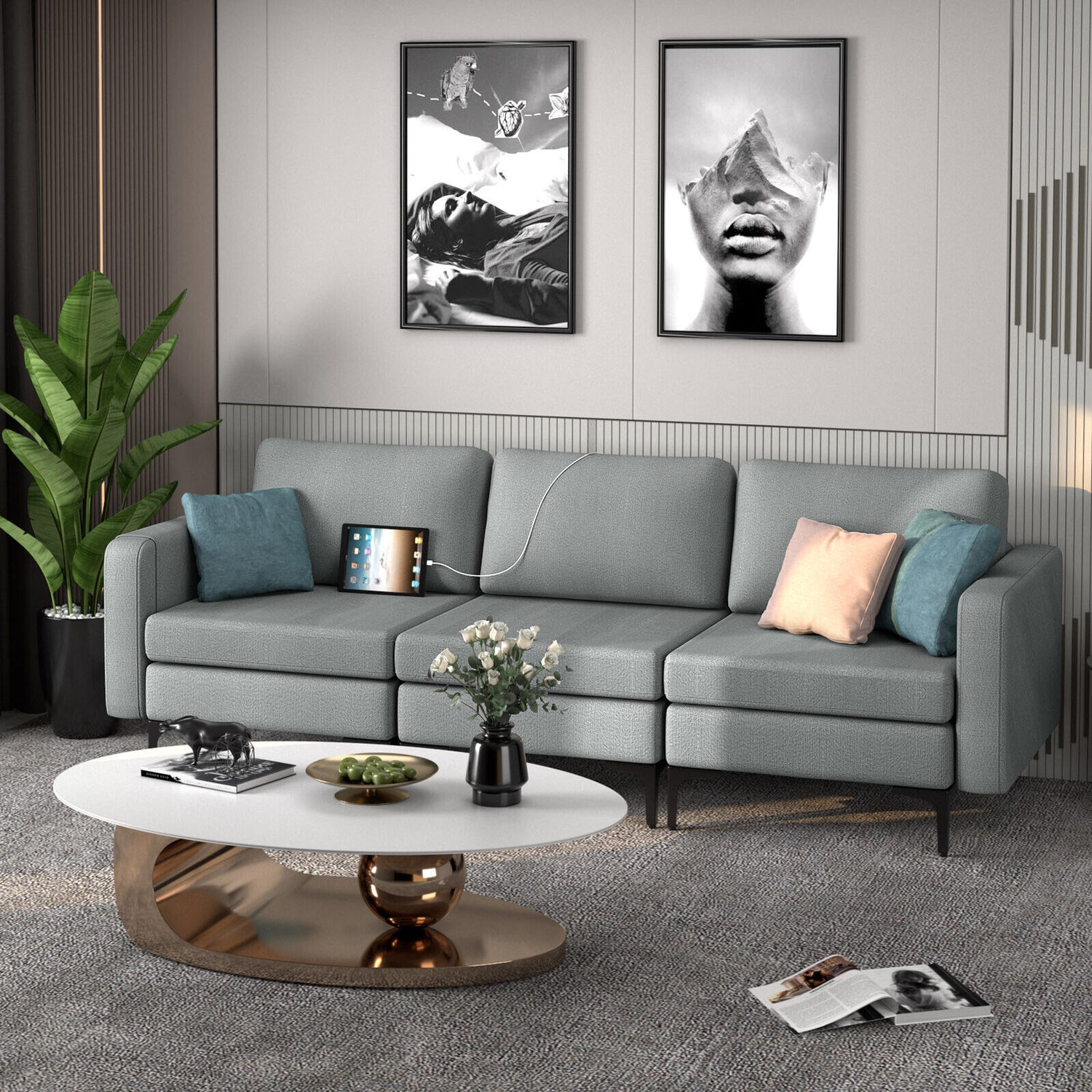 Convertible Leather Sofa Couch with Magazine Pockets 3-Seat with 2 USB Port