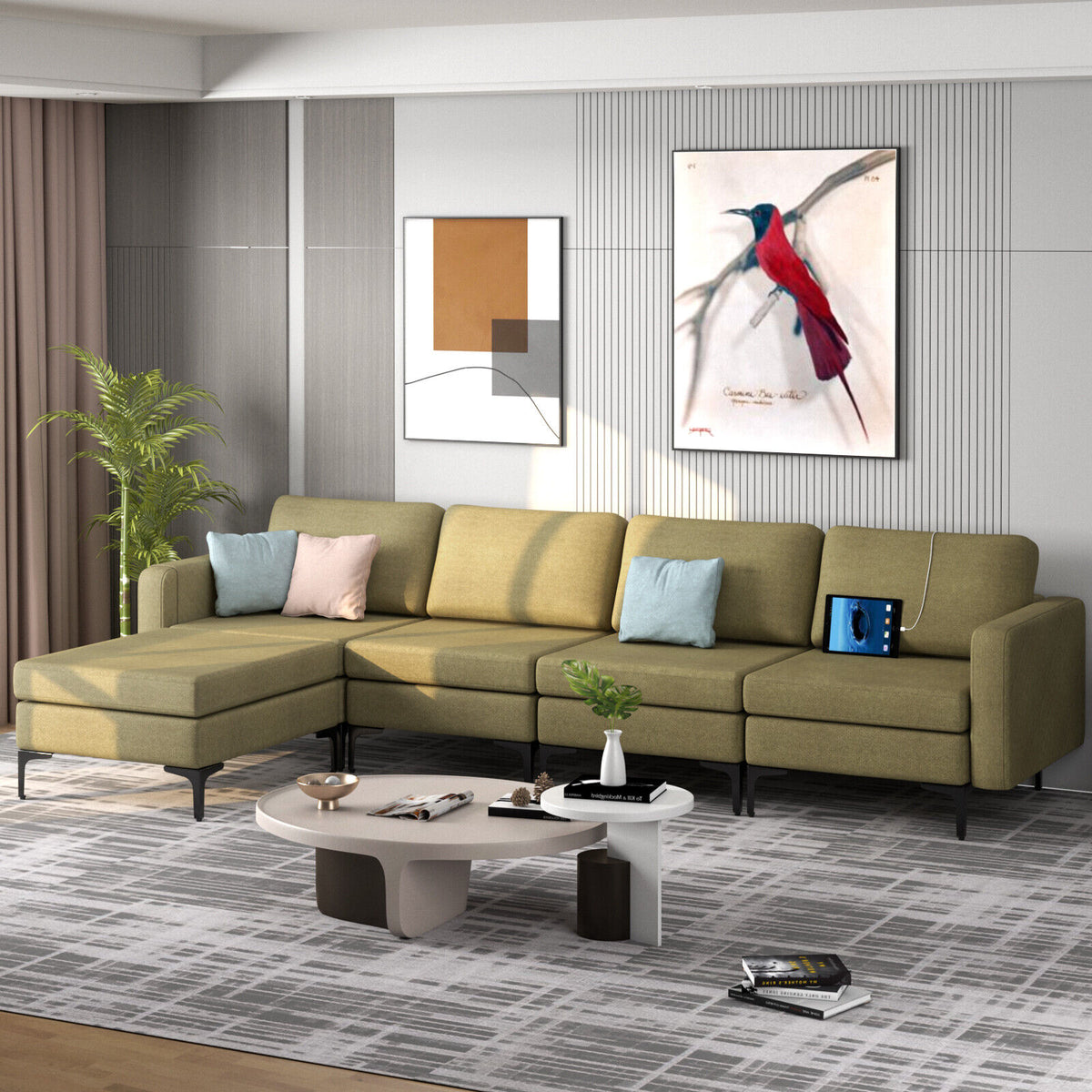 1/2/3/4-Seat Convertible Sectional Sofa with Reversible Ottoman-4-Seat L-shaped with 2 USB Ports