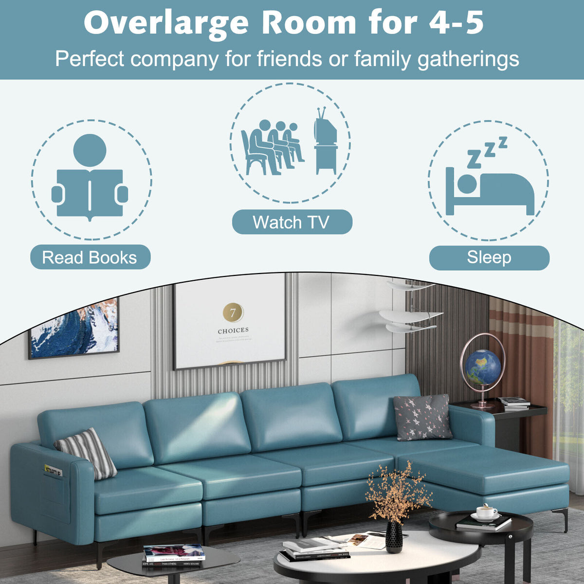 1/2/3/4-Seat Convertible Sectional Sofa with Reversible Ottoman-4-Seat L-shaped with 2 USB Ports