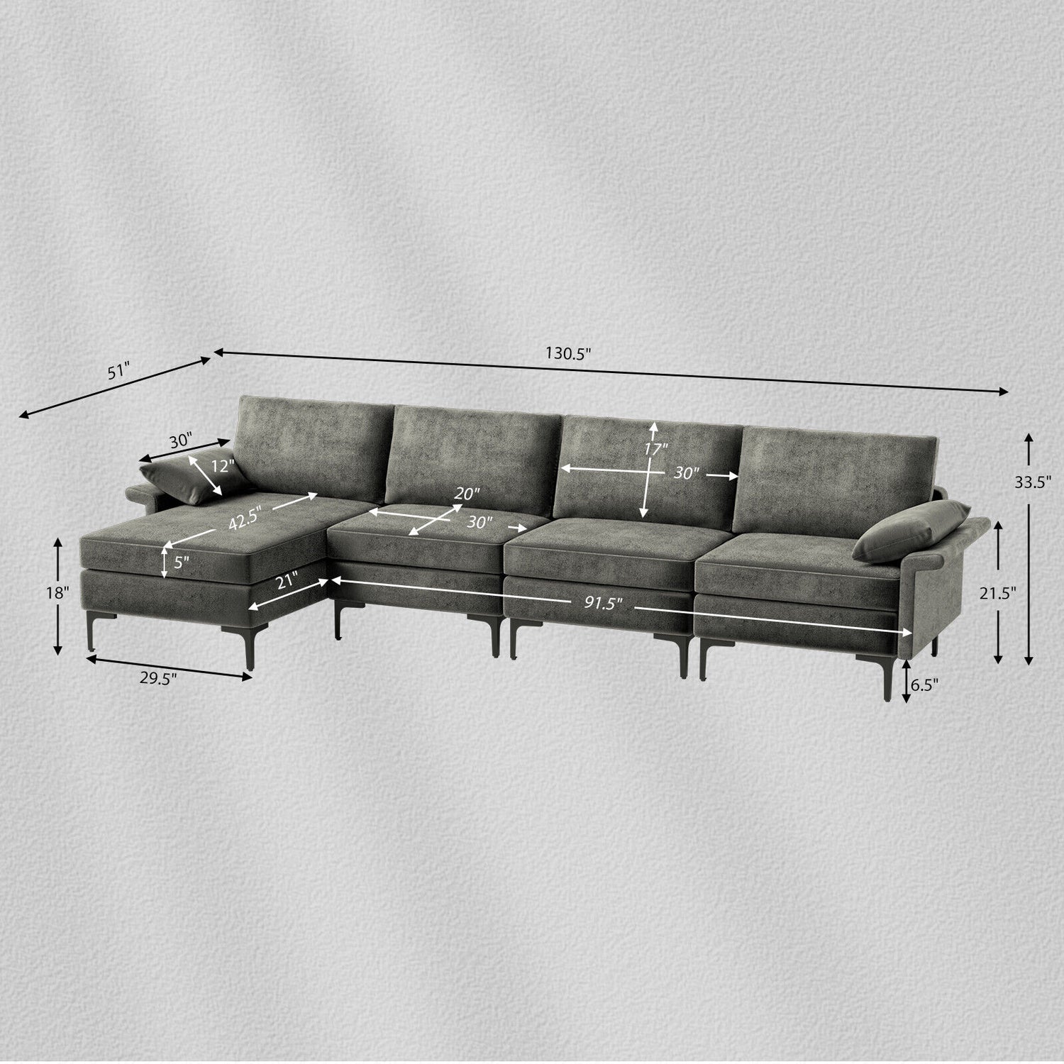 Extra Large L-shaped Sectional Sofa with Reversible Chaise and 2 USB Ports for 4-5 People