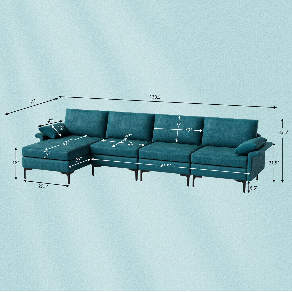 Extra Large L-shaped Sectional Sofa with Reversible Chaise and 2 USB Ports for 4-5 People