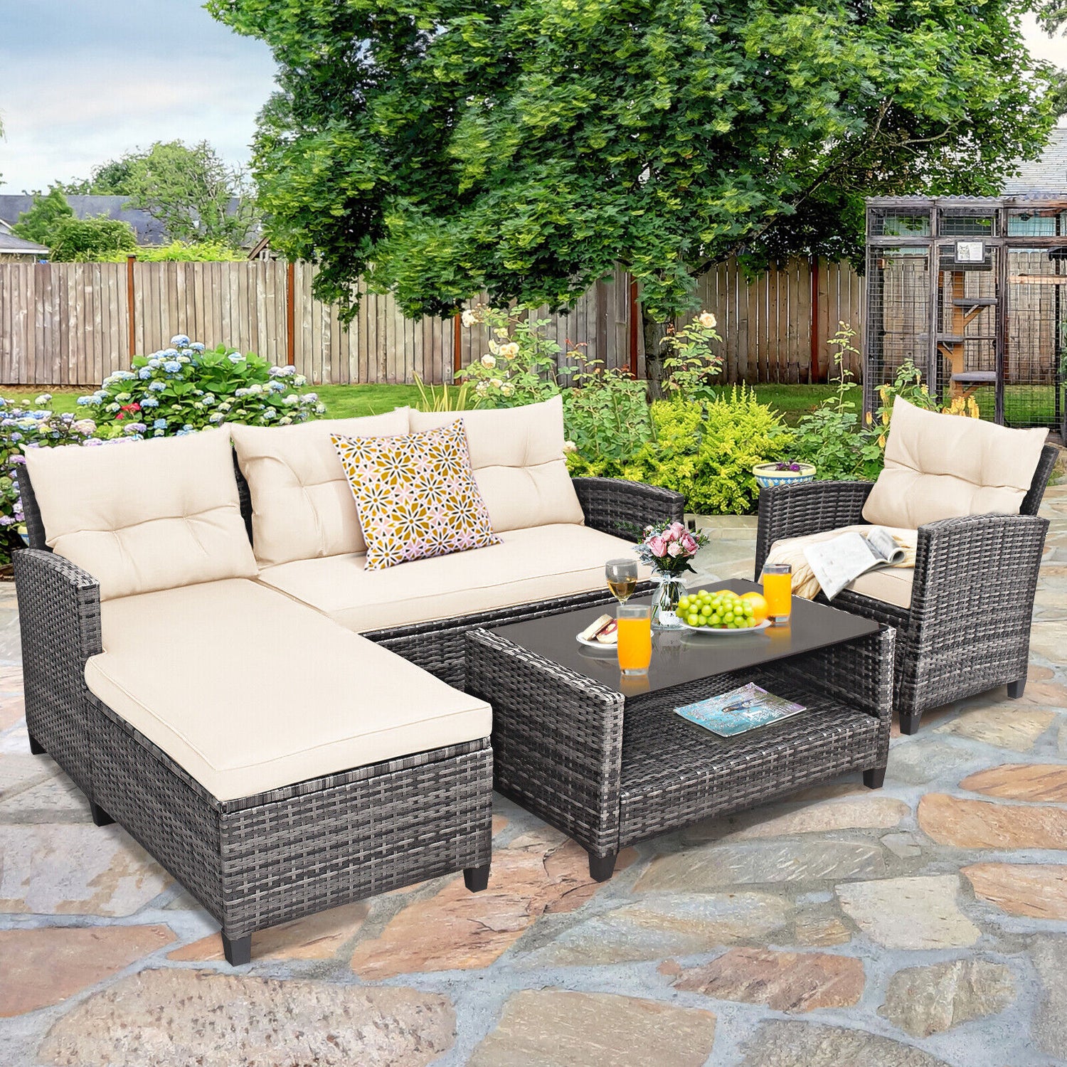 4 Pieces Patio Rattan Furniture Set with Cushion and Table Shelf